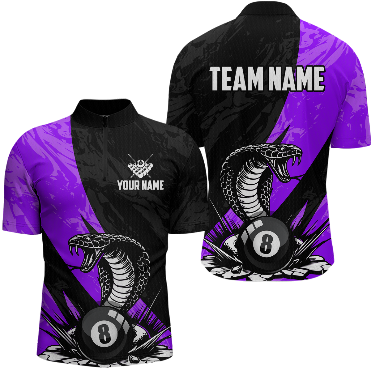 Maxxcorners Custom Purple Cobra Snake 8 Ball Pool Billiard Shirts for Men Team Polo & 1/4 Zip Shirts MT0307