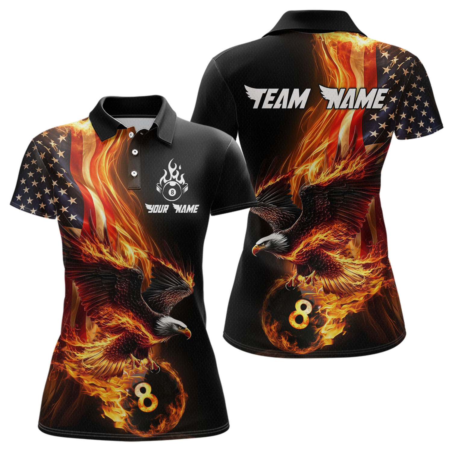 Blisscorners Custom Flaming US Flag Eagle Billiard Jersey for Men Billiard Shirt Billiard Gifts Polo & 1/4 Zip LM0607
