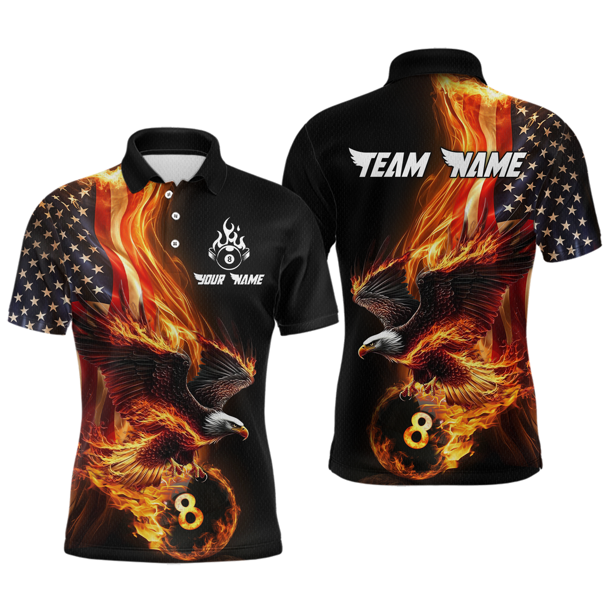 Blisscorners Custom Flaming US Flag Eagle Billiard Jersey for Men Billiard Shirt Billiard Gifts Polo & 1/4 Zip LM0607