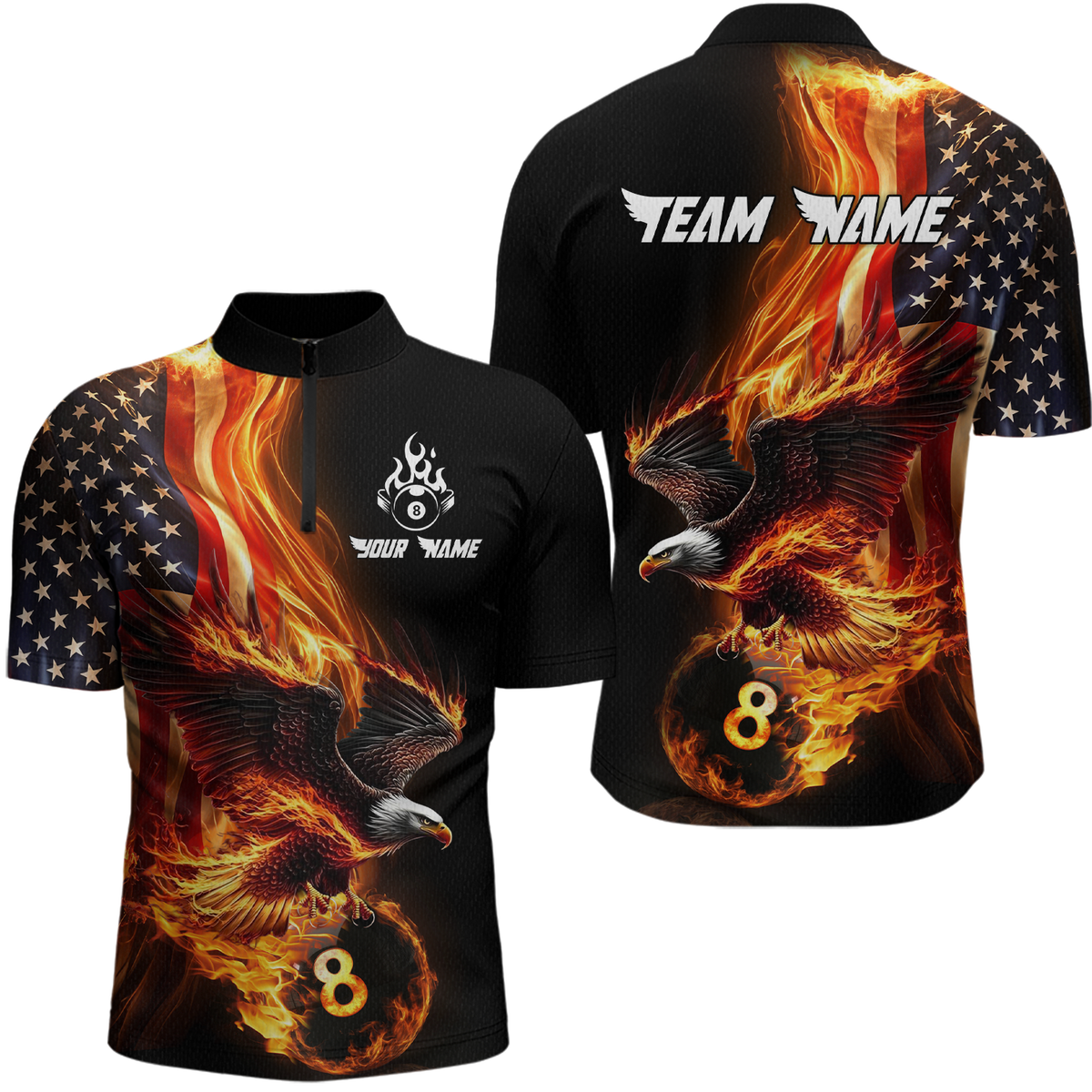 Blisscorners Custom Flaming US Flag Eagle Billiard Jersey for Men Billiard Shirt Billiard Gifts Polo & 1/4 Zip LM0607