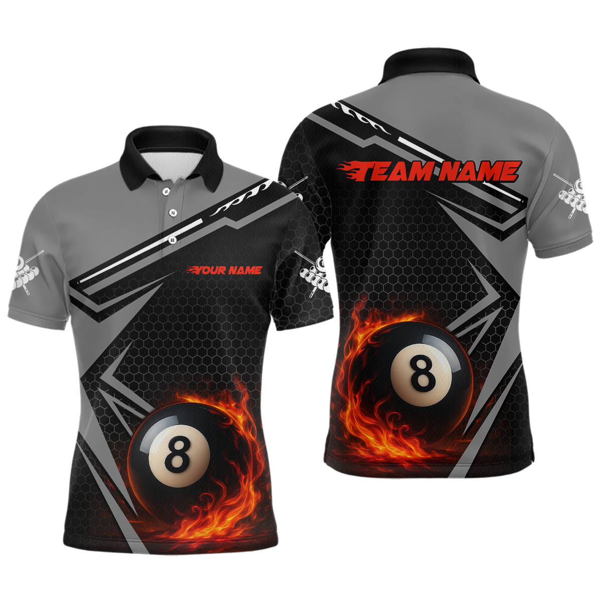 Blisscorners Personalized Grey 8 Ball Flame Billiard Shirts for Men, Billiard Team Polo & 1/4 Zip Shirts MT1607