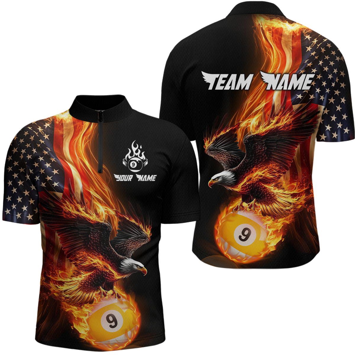 Blisscorners Custom 9 Ball American Flag Flaming Billiard Shirts for Men Billiard Team Shirt Billiard LM2007