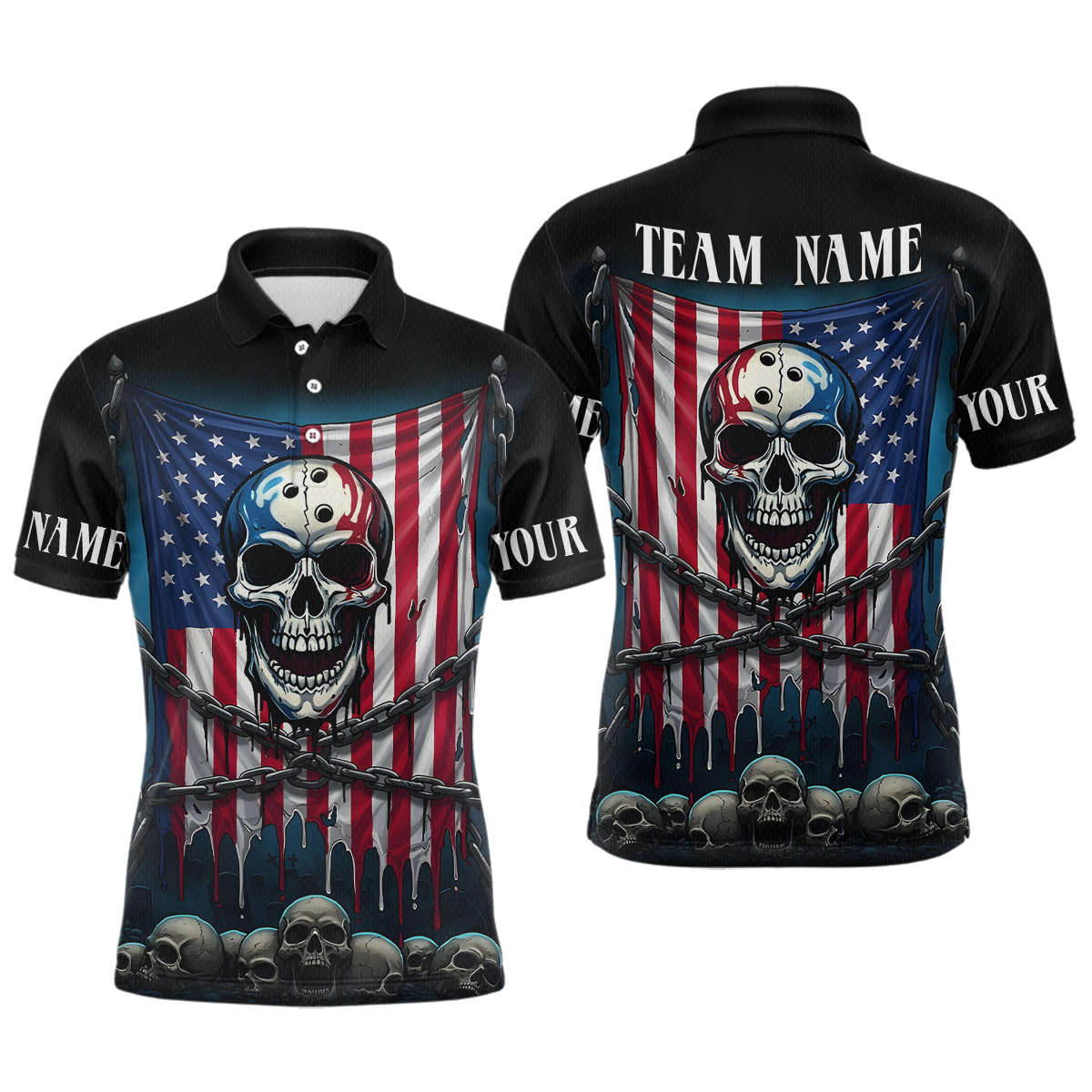 Blisscorners US Flag Skull Bowling Custom Men Bowling Shirt Polo & Quarter-Zip Bowling Team Shirts