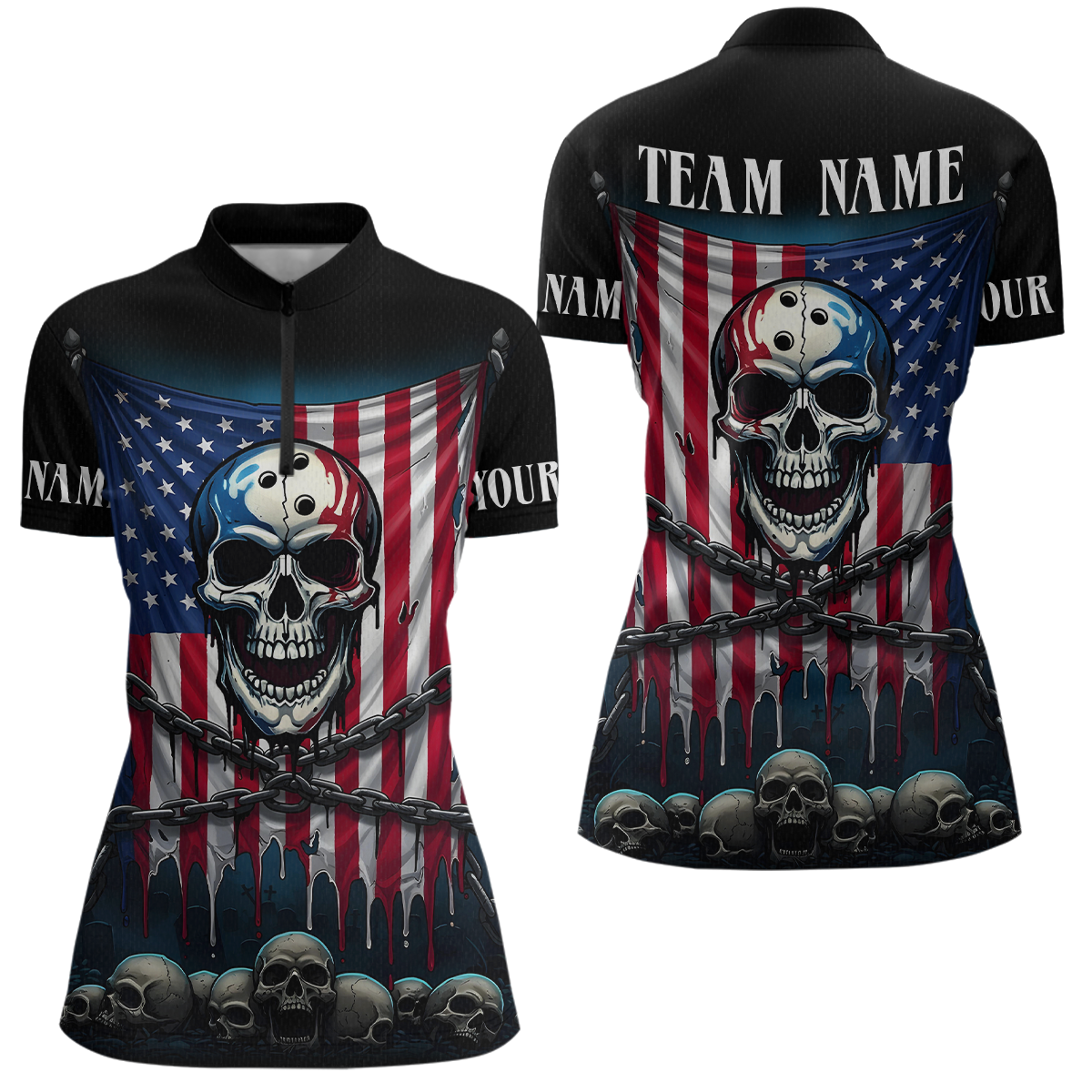 Blisscorners US Flag Skull Bowling Custom Men Bowling Shirt Polo & Quarter-Zip Bowling Team Shirts