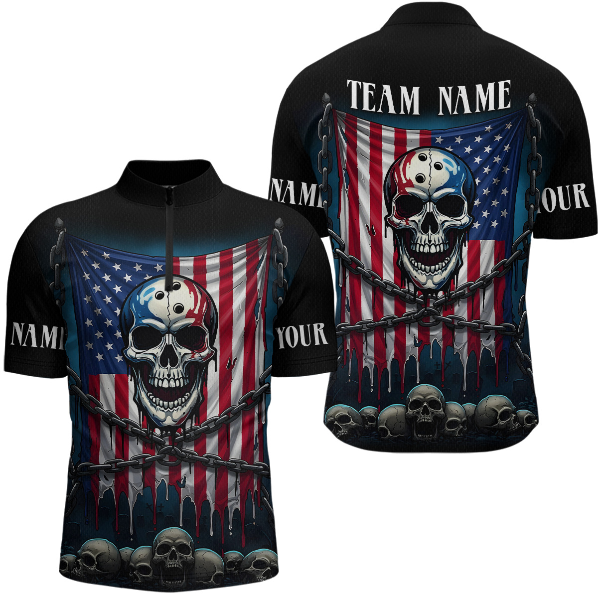 Blisscorners US Flag Skull Bowling Custom Men Bowling Shirt Polo & Quarter-Zip Bowling Team Shirts