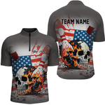 Blisscorners Custom American Flag Skull Flame Bowling Men Polo & 1/4 Zip Shirts Bowling Team Jerseys LM3006