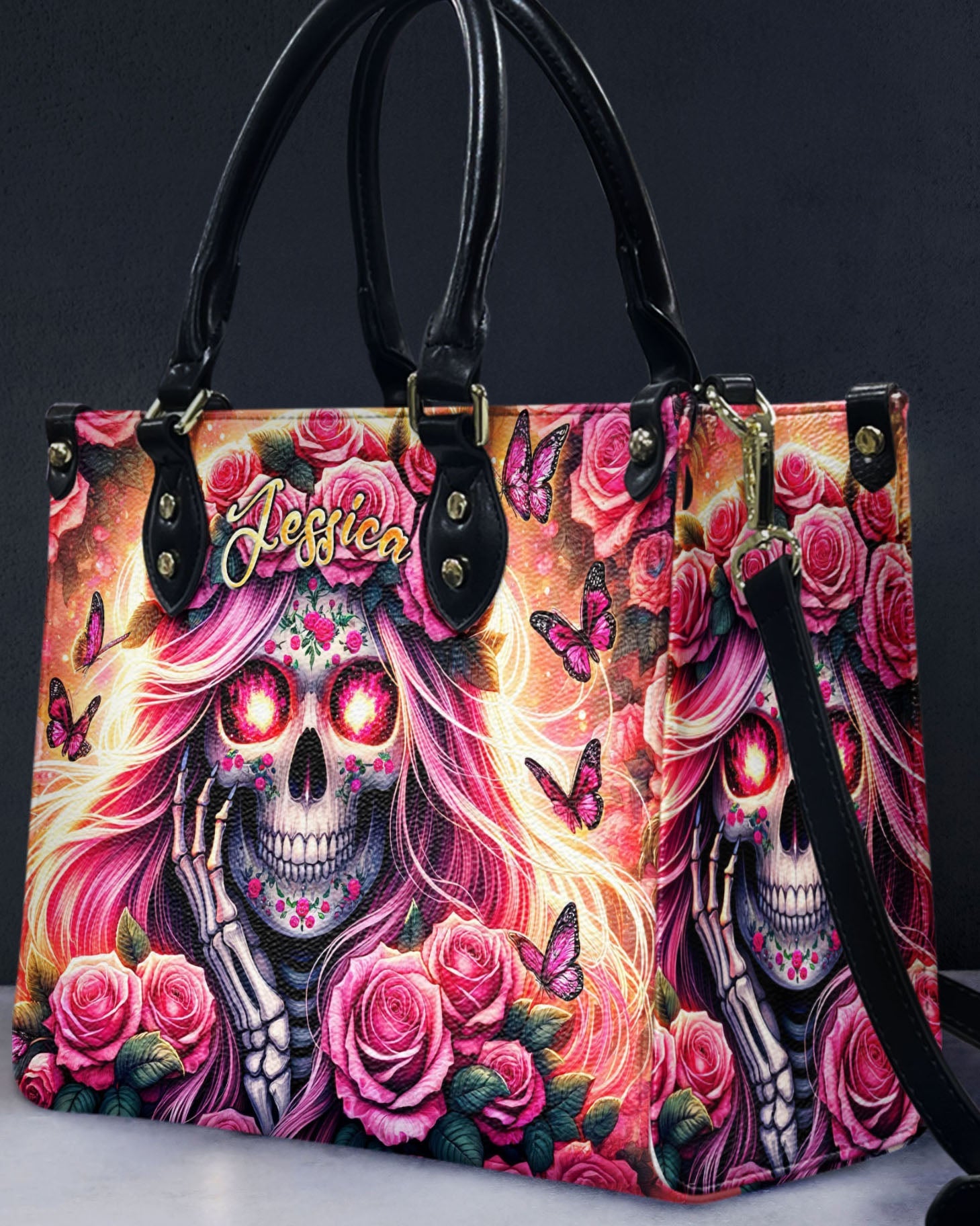 BLISSCORNERS SKULL LADY WITH ROSE LEATHER HANDBAG