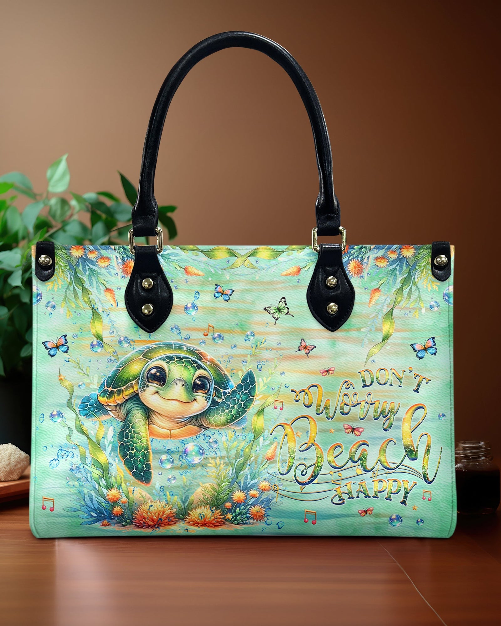 BLISSCORNERS DON'T WORRY BEACH HAPPY TURTLE LEATHER HANDBAG