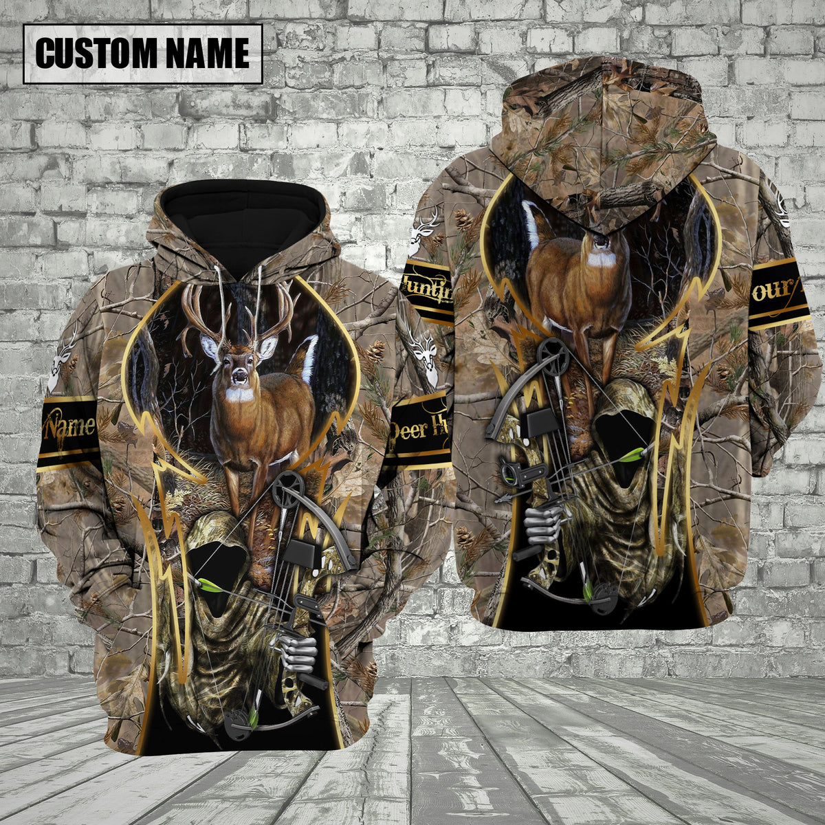 Blisscorners Camo Deer Hunting Custom Name Hunter Apparel With Grim Reaper Design 3D Hoodie All Over Printed Clothes