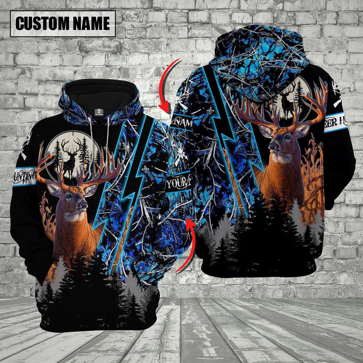 Blisscorners Camo Deer Hunting Custom Name Buck Deer With Forest Background 3D Hoodie All Over Printed Clothes (4 Colors)