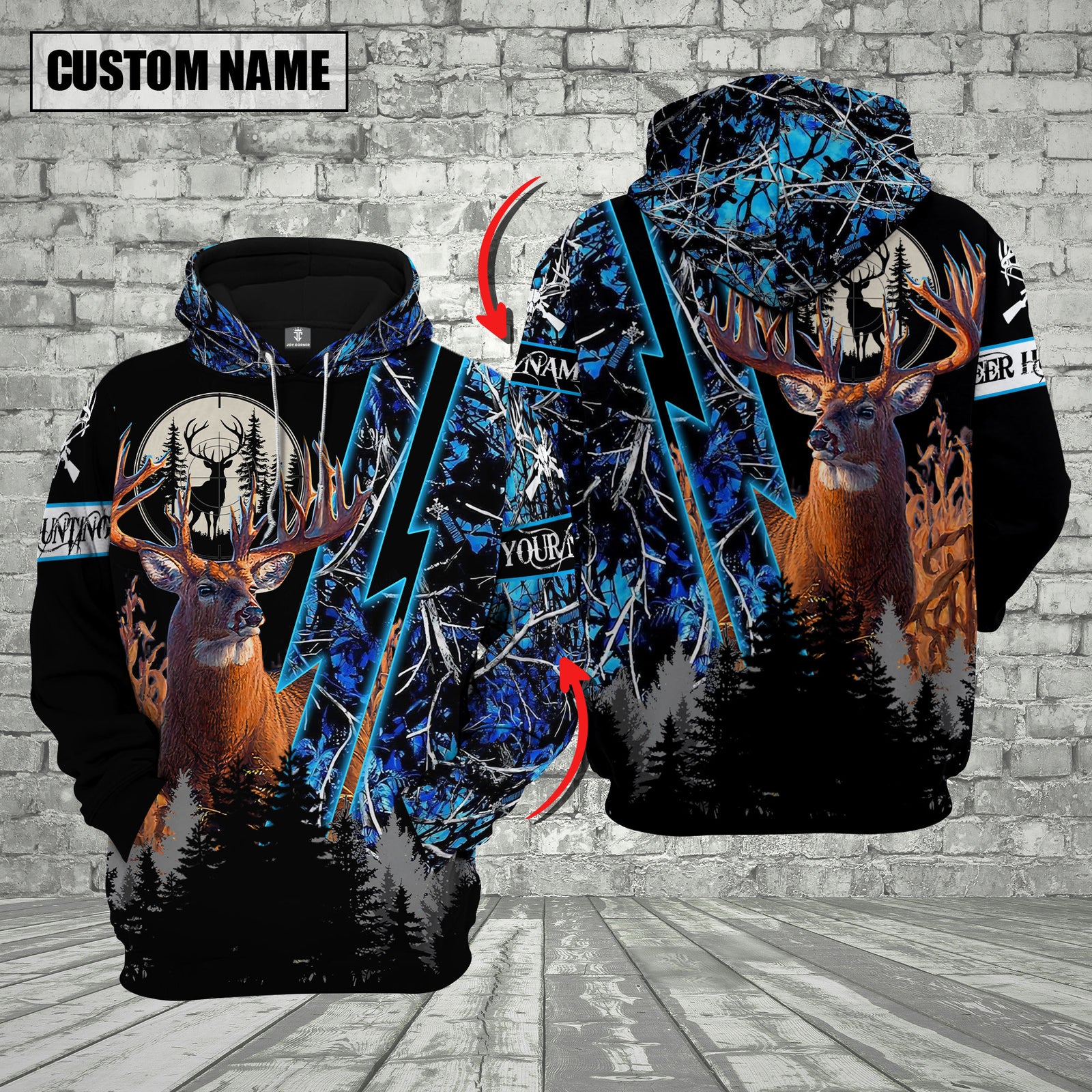 Blisscorners Camo Deer Hunting Custom Name Buck Deer With Forest Background 3D Hoodie All Over Printed Clothes (4 Colors)