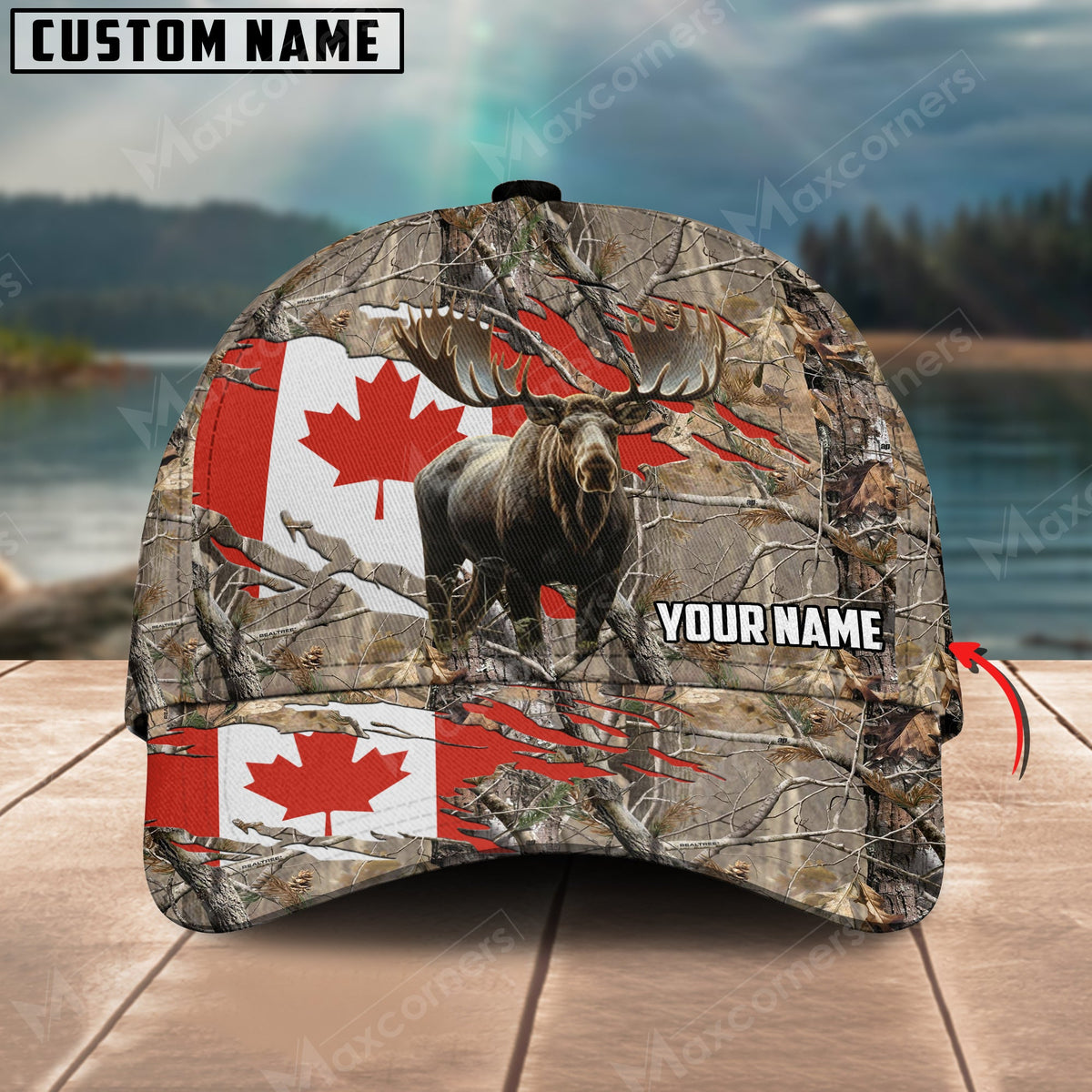 Blisscorners Brown Wilderness Moose Hunting Canadian Flag Personalized Name 3D Cap