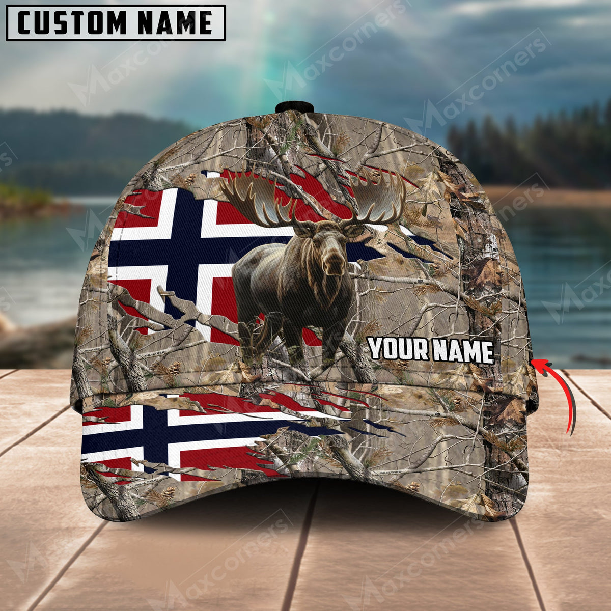 Blisscorners Brown Wilderness Moose Hunting Norway Flag Personalized Name 3D Cap