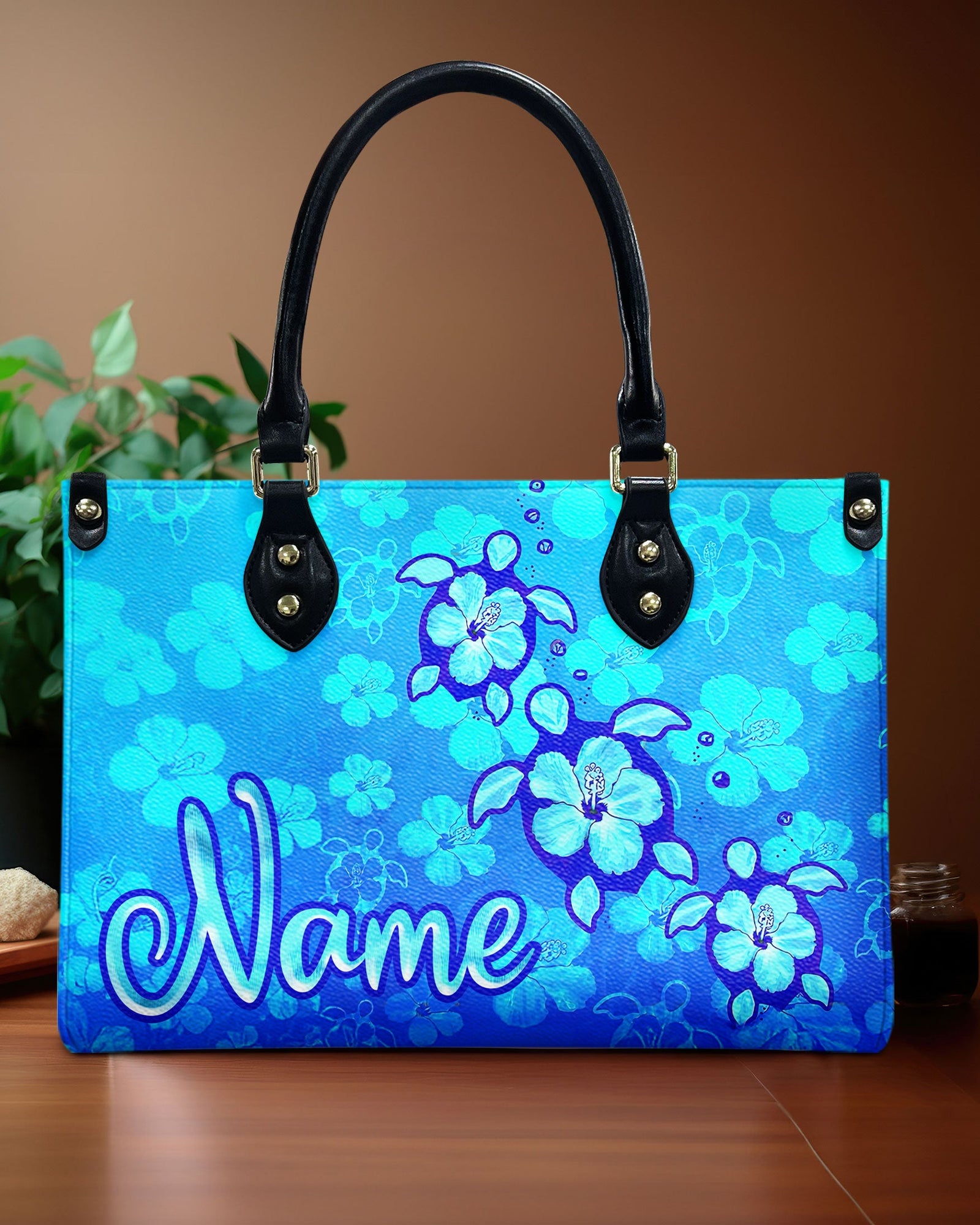 BLISSCORNERS SEA TURTLE HIBISCUS ART LEATHER HANDBAG