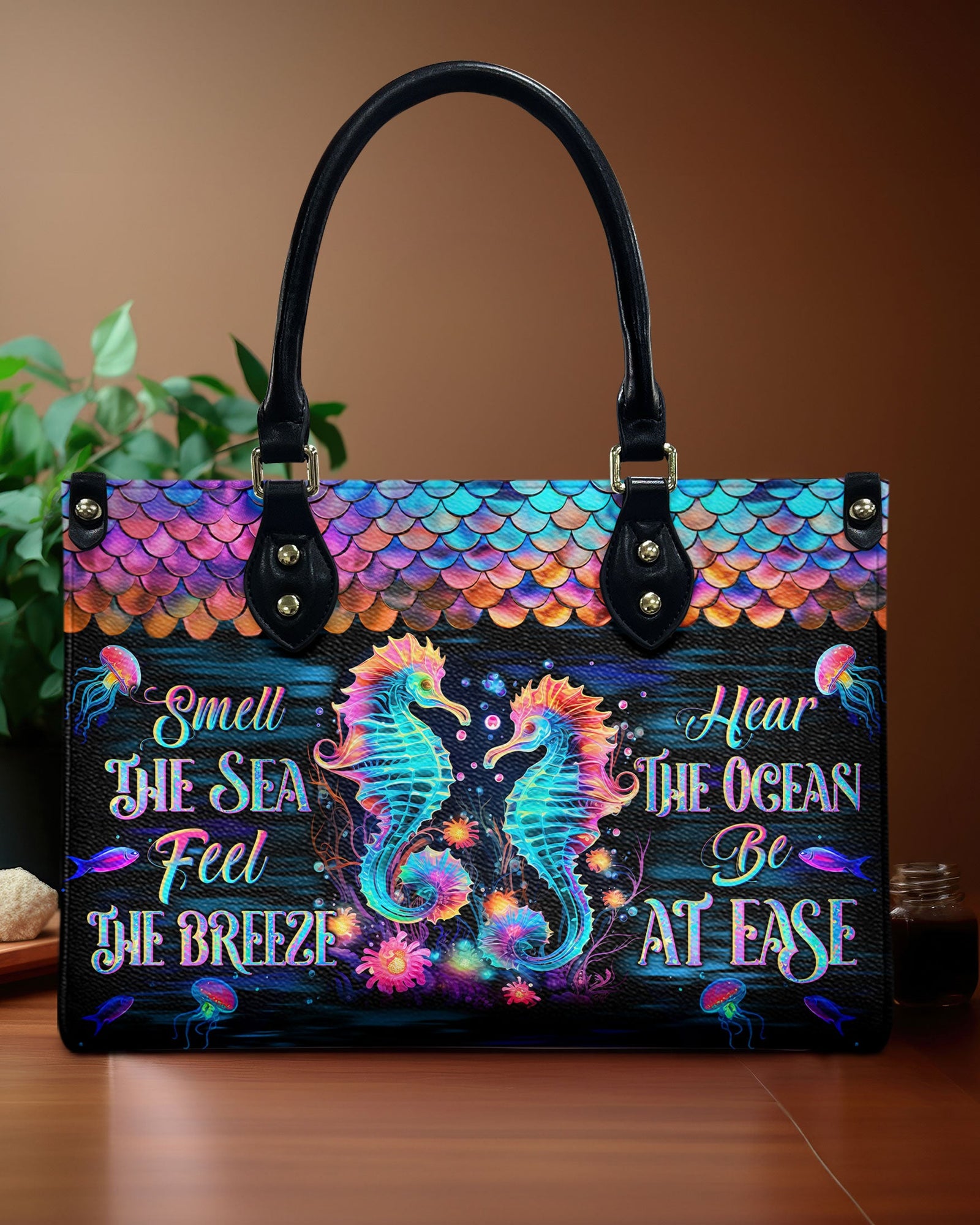 BLISSCORNERS SMELL THE SEA FEEL THE BREEZE SEAHORSE LEATHER HANDBAG