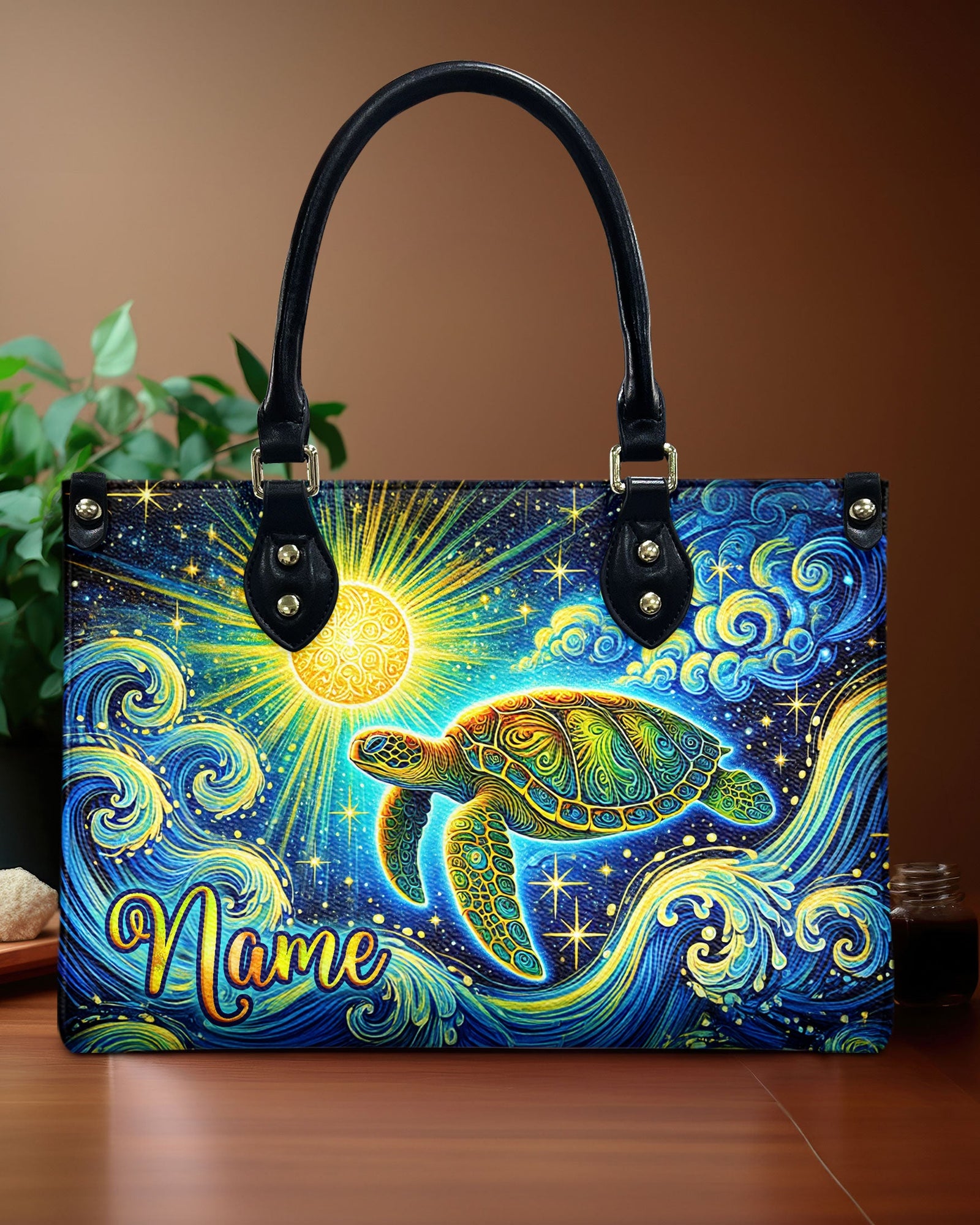 BLISSCORNERS TURTLE WAVES ART LEATHER HANDBAG