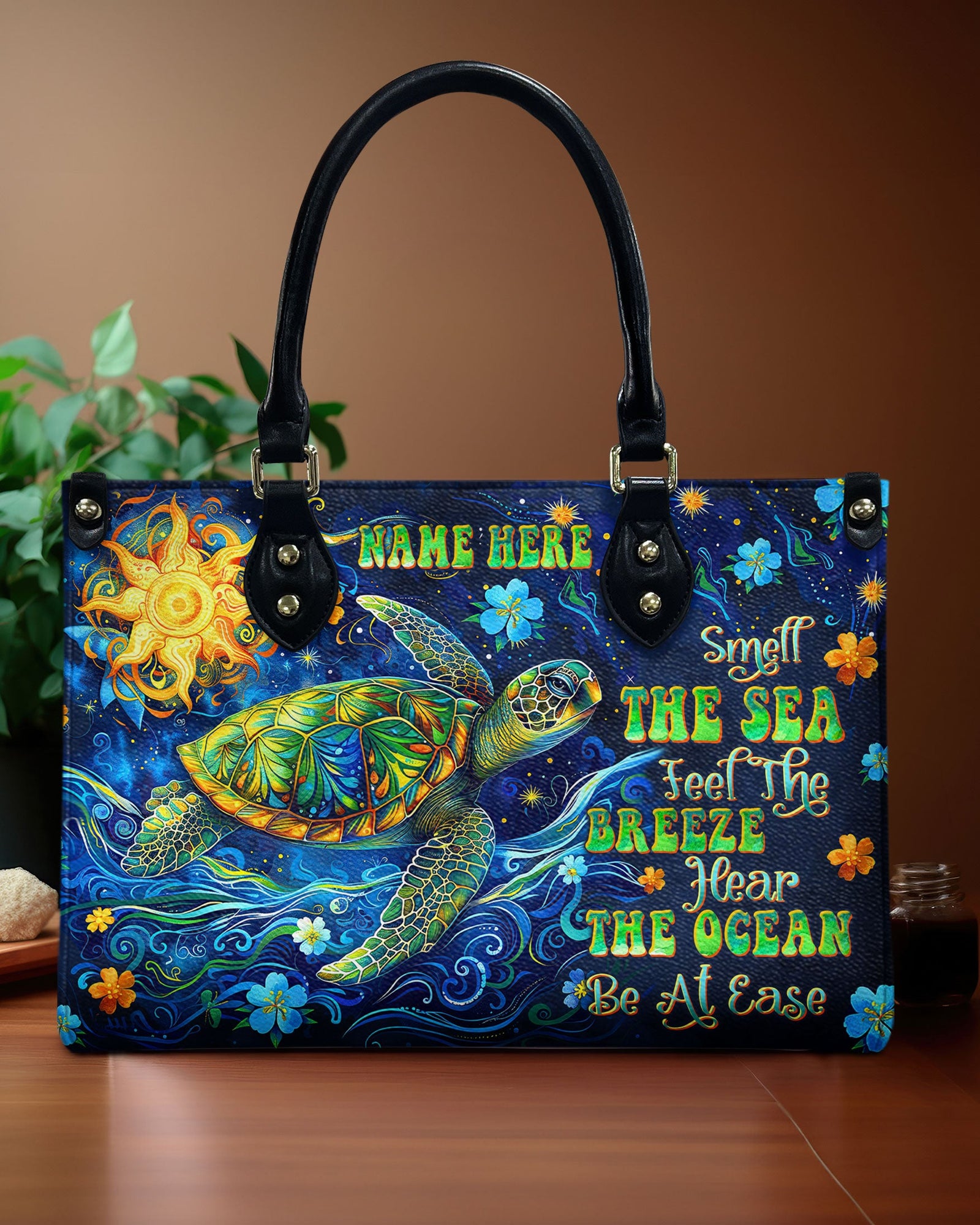 BLISSCORNERS SMELL THE SEA FEEL THE BREEZE TURTLE LEATHER HANDBAG