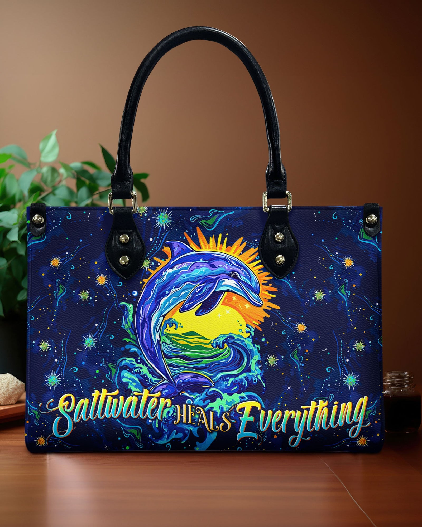 BLISSCORNERS SALTWATER HEALS EVERYTHING DOLPHIN LEATHER HANDBAG