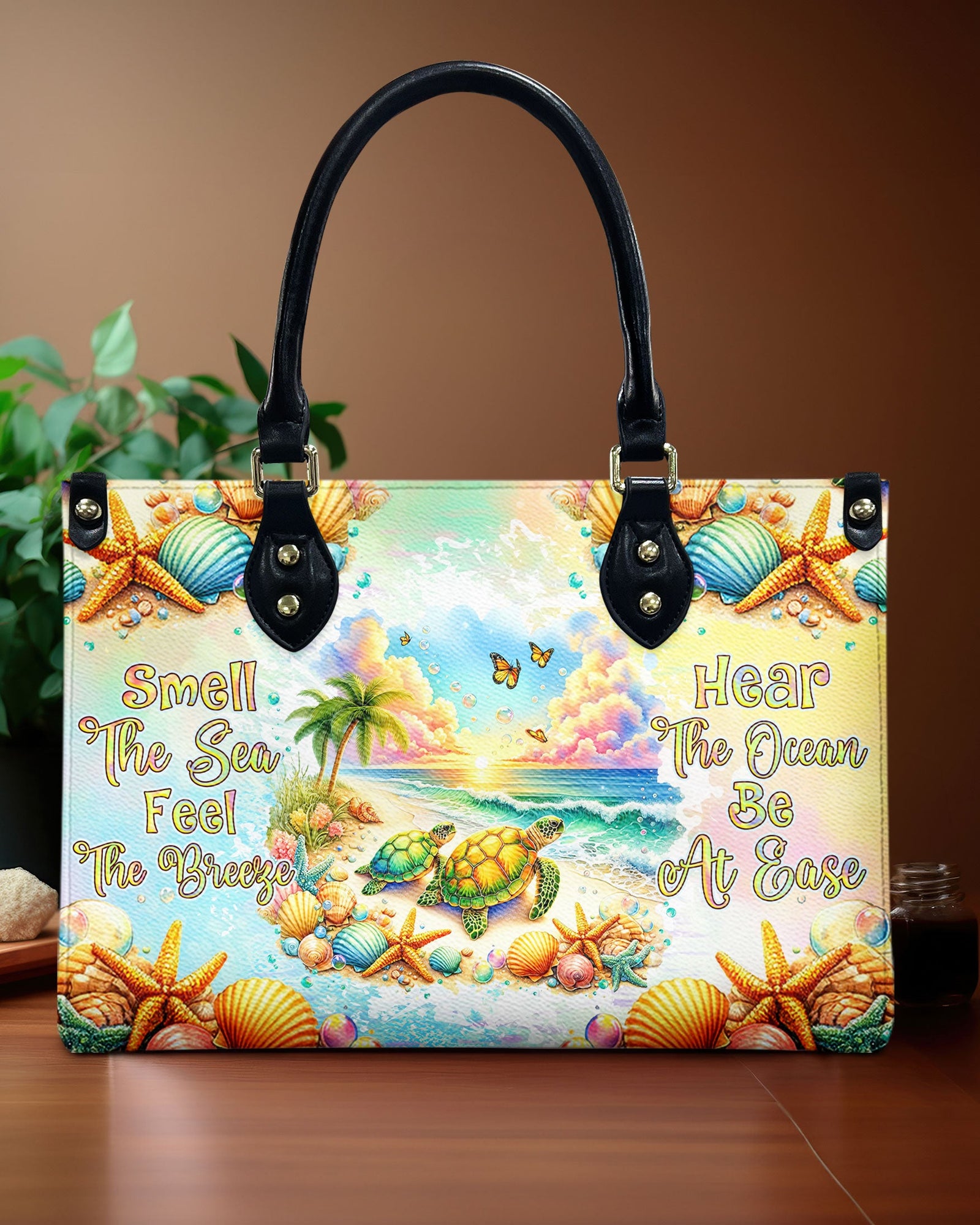BLISSCORNERS SMELL THE SEA FEEL THE BREEZE TURTLE LEATHER HANDBAG