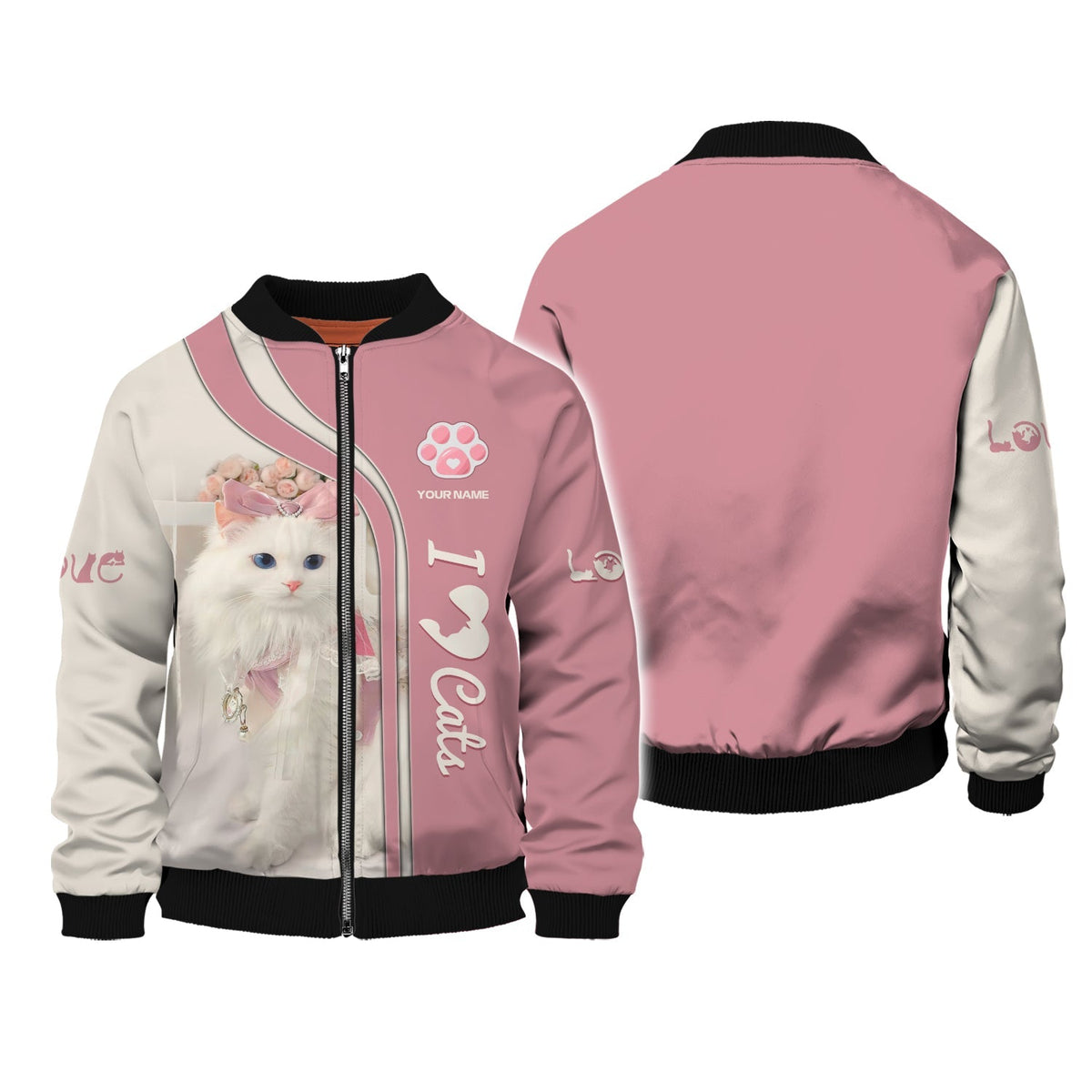 Blisscorners 3D Full Print Cute Cat Zipper Hoodie Personalized Name Gift For Cats Lovers