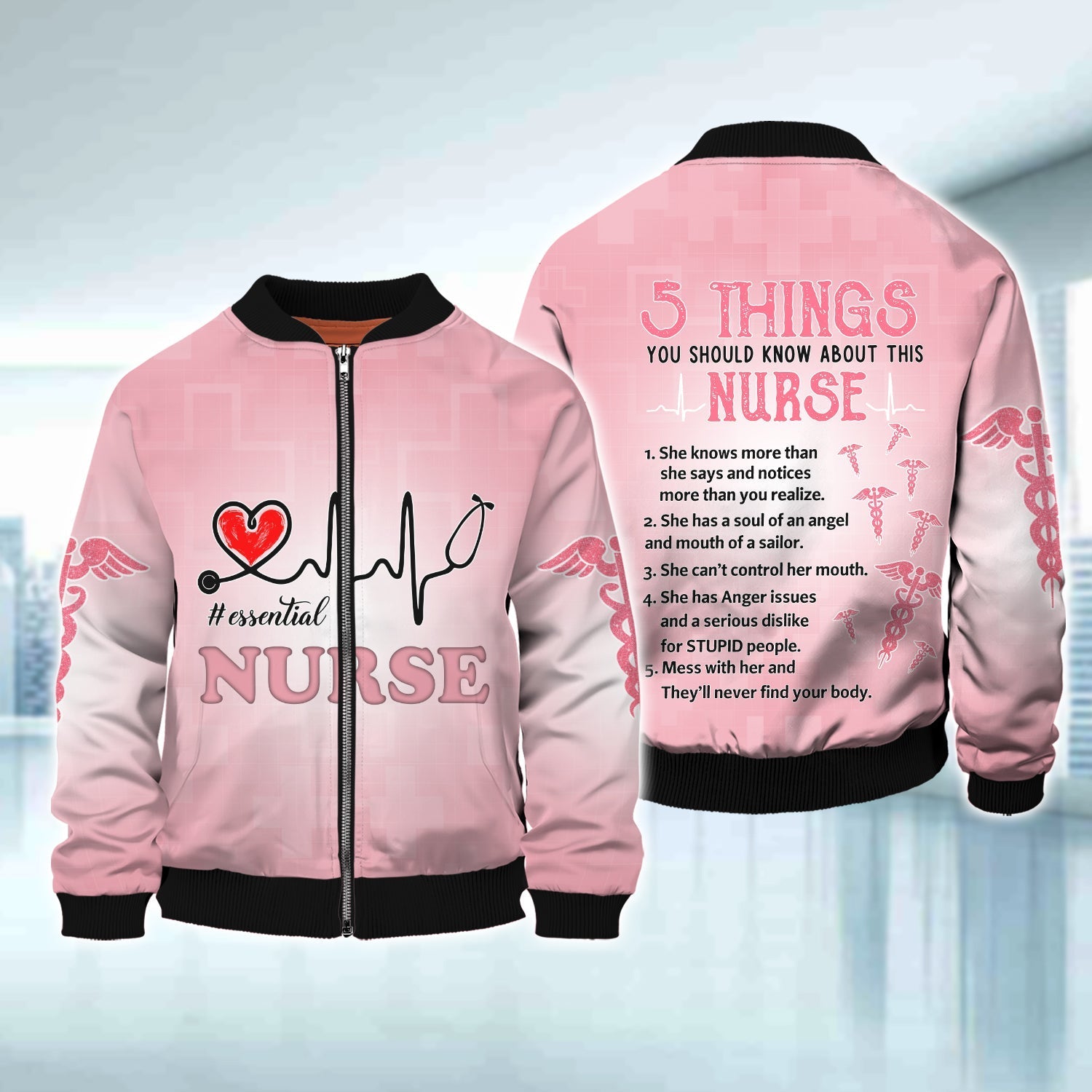 Blisscorners Nurse Essential Heartbeat Pink 3D Sweatshirt Hoodie Bomber, Idea Gift for Nurse Christmas