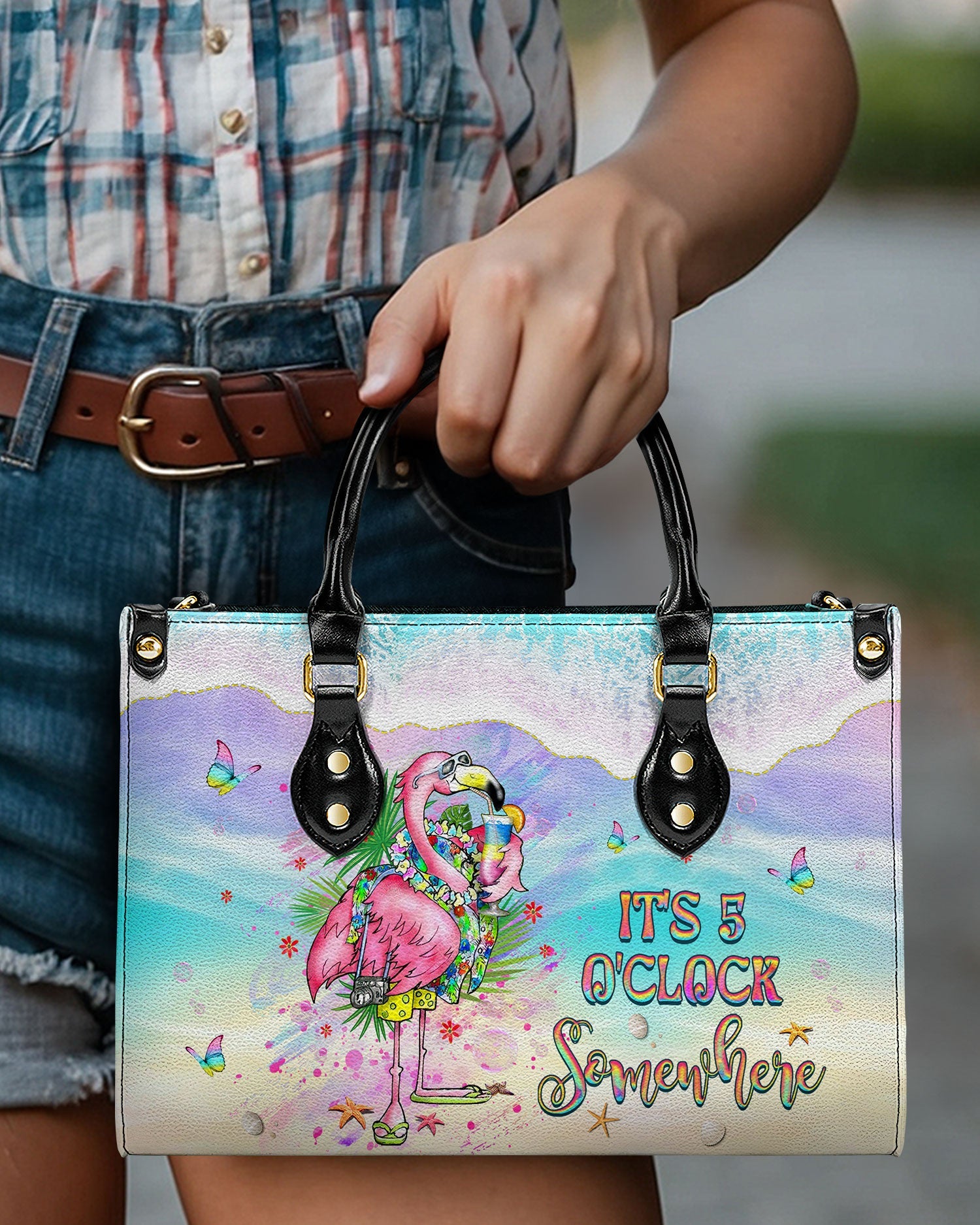 BLISSCORNERS IT'S 5 O'CLOCK SOMEWHERE FLAMINGO LEATHER HANDBAG