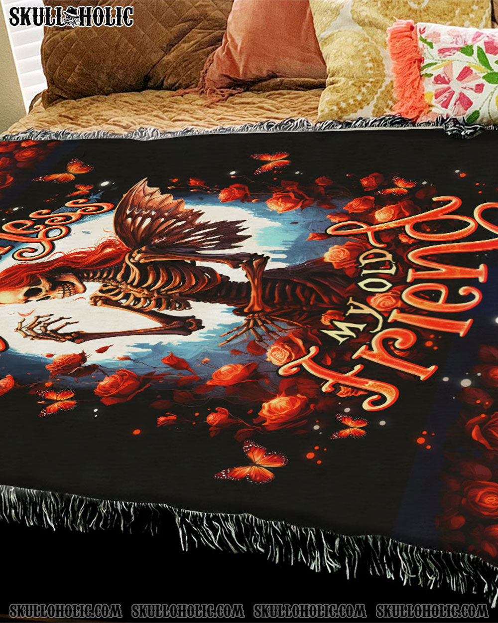 BLISSCORNERS HELLO DARKNESS MY OLD FRIEND SKELETON ROSE MOON WOVEN AND FLEECE BLANKET