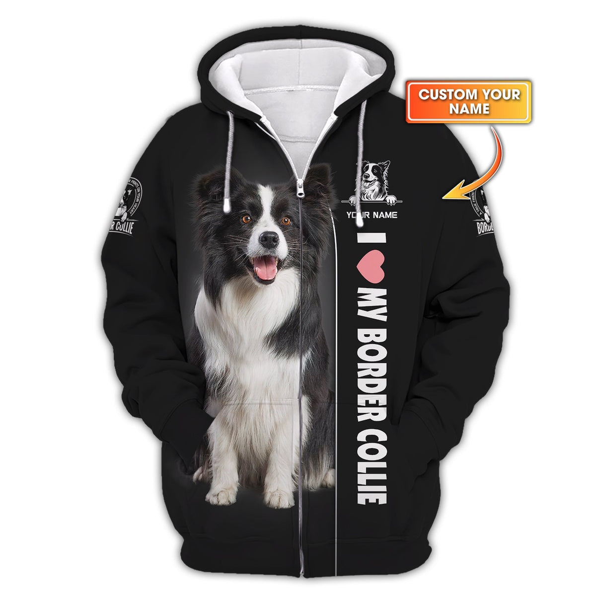 Blisscorners Border Collie Custom Name Zipper Hoodie Gif For Dog Lover 3D Shirts
