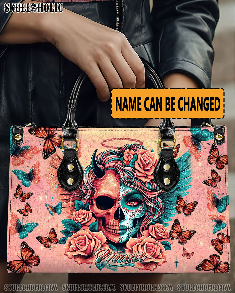 BLISSCORNERS SKULL LADY EVIL AND ANGEL LEATHER HANDBAG