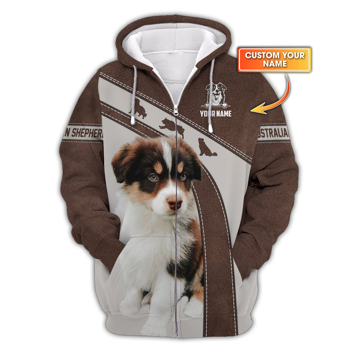 Blisscorners 3D Full Print Australian Shepherd Zipper Hoodie Personalized Name Gift For Dog Lovers