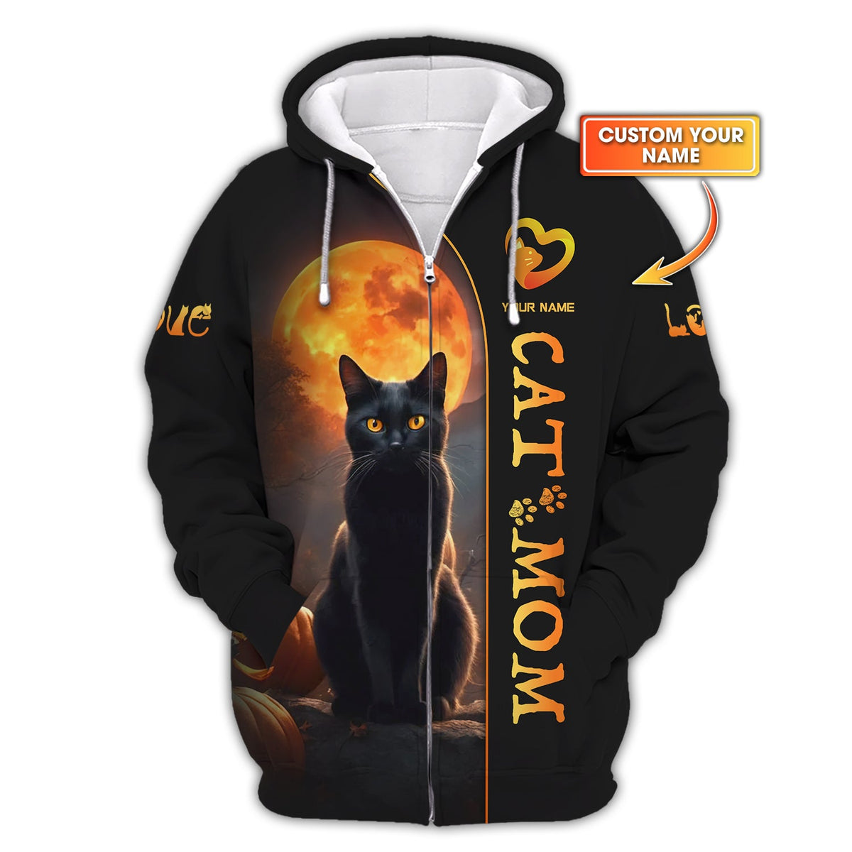 Blisscorners Black Cat With Moon Custom Name Cat Mom 3D Zipper Hoodie Gift For Cat Lovers