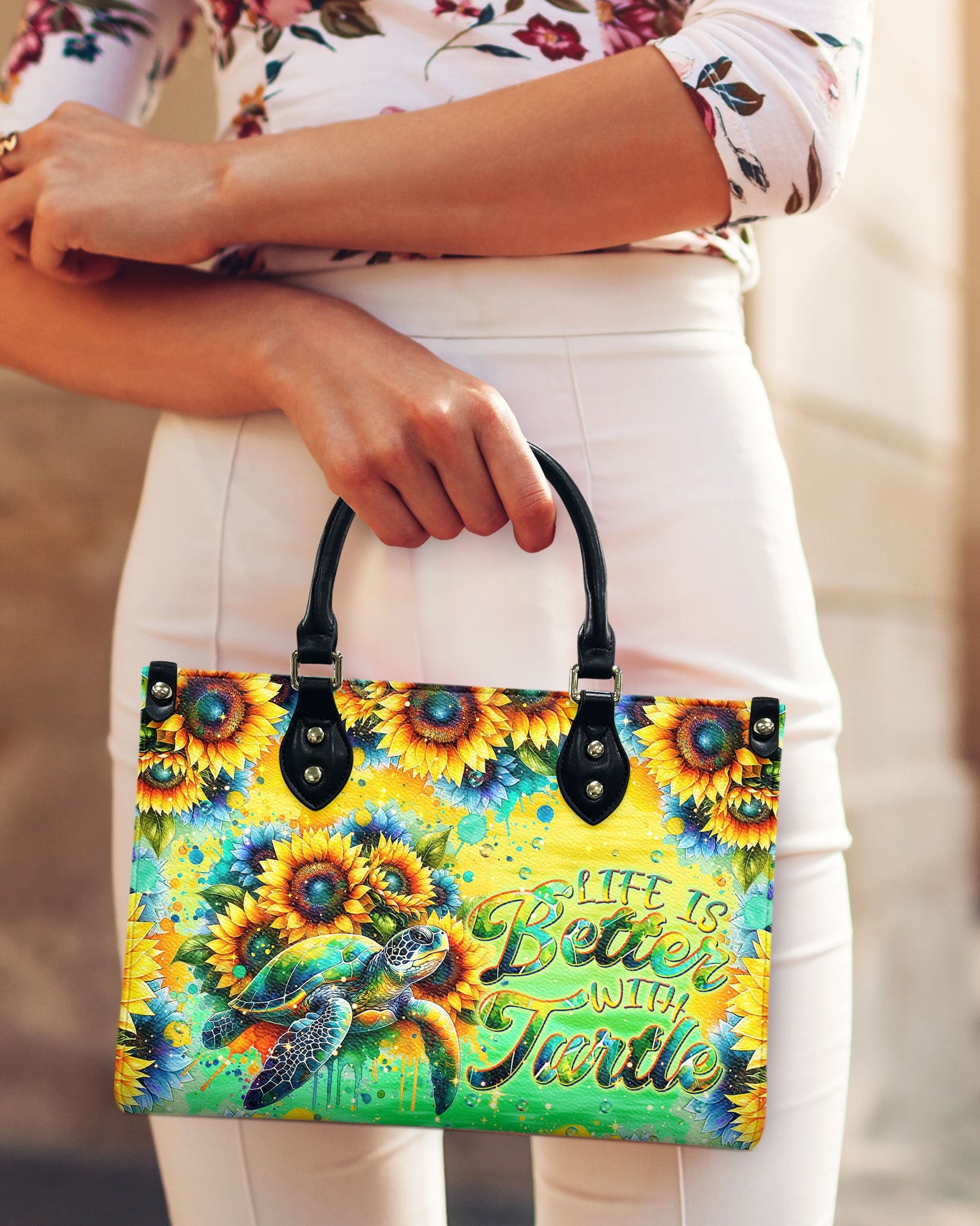 BLISSCORNERS LIFE IS BETTER WITH TURTLE SUNFLOWER LEATHER HANDBAG