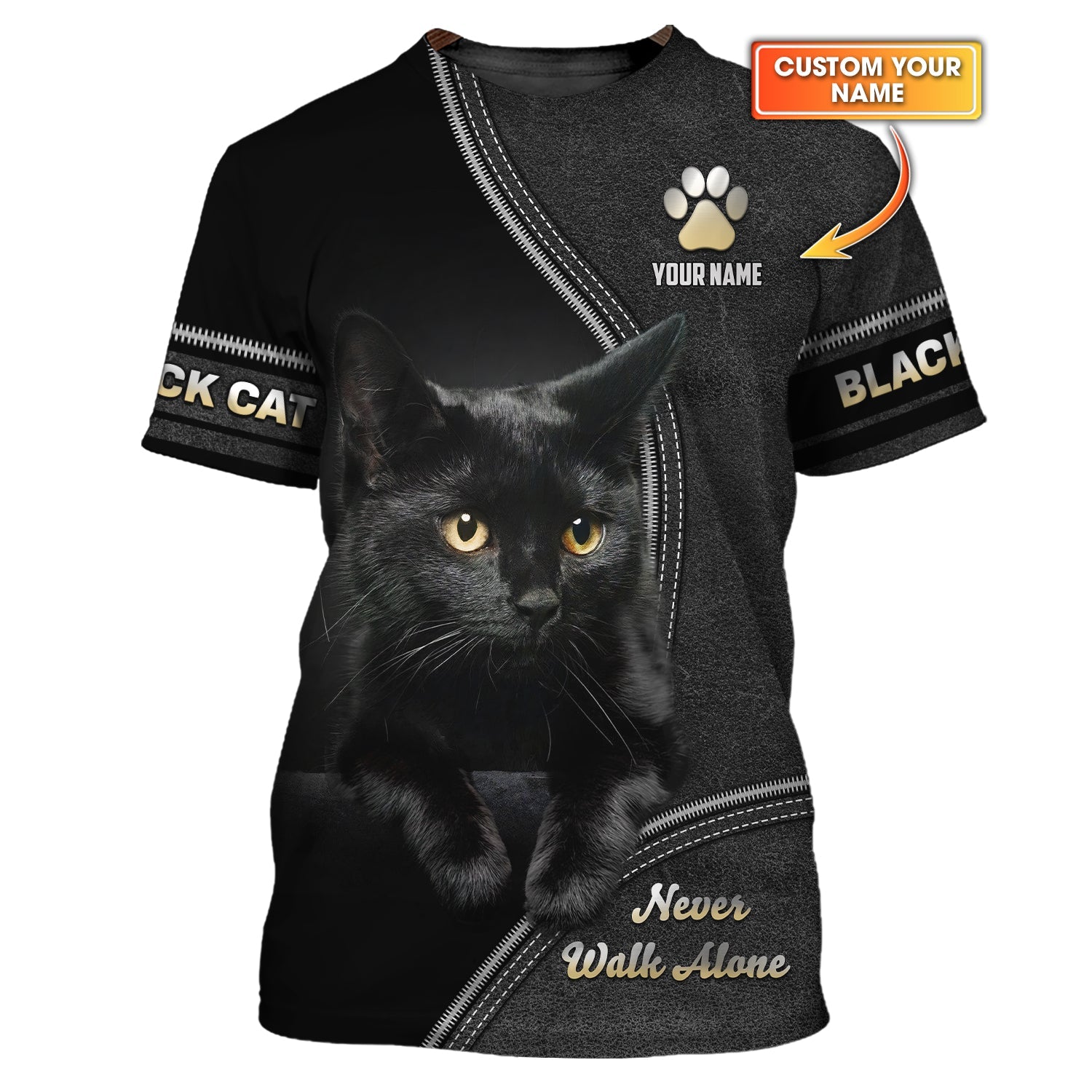 Blisscorners Custom Black Cat T-Shirt Never Walk Alone Personalized Name Gift For Cat Lovers