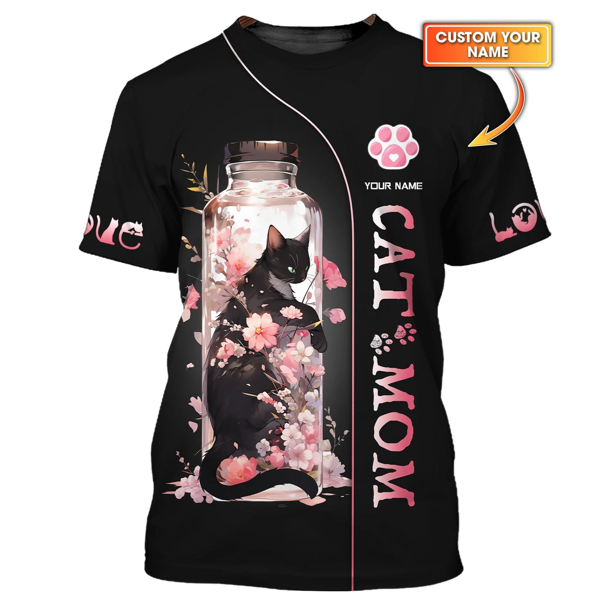Blisscorners Black Cat In Cherry Blossom Jar Custom Name Cat Mom 3D Shirt Gift For Cat Lovers