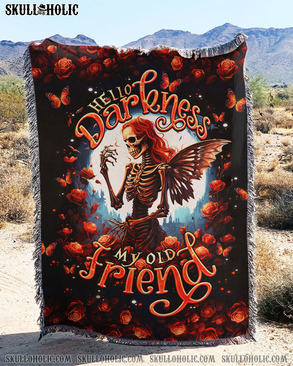 BLISSCORNERS HELLO DARKNESS MY OLD FRIEND SKELETON ROSE MOON WOVEN AND FLEECE BLANKET