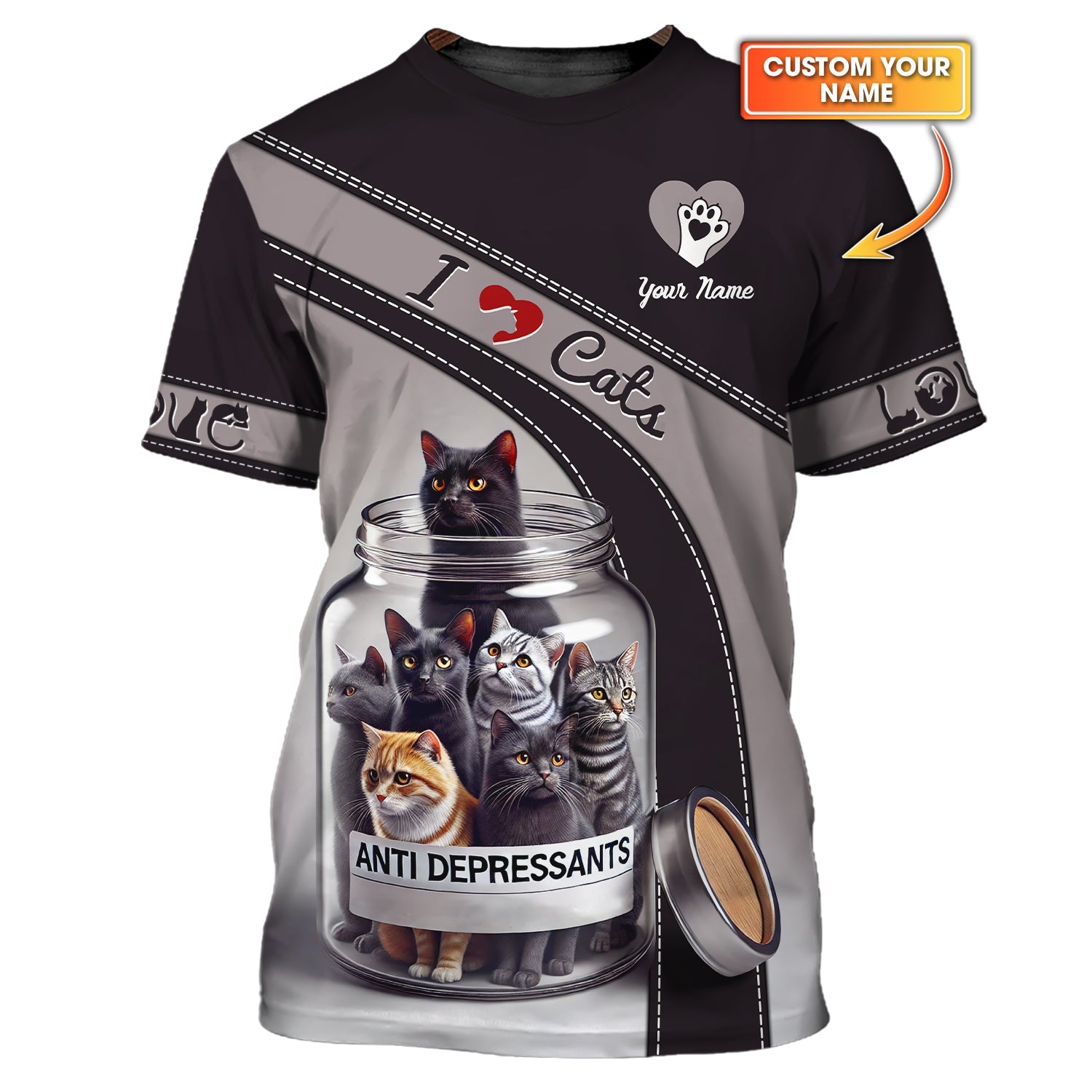 Blisscorners I Love Cats Custom Name 3D Shirt Cat Anti Depressants Bottle Gift For Cat Lovers