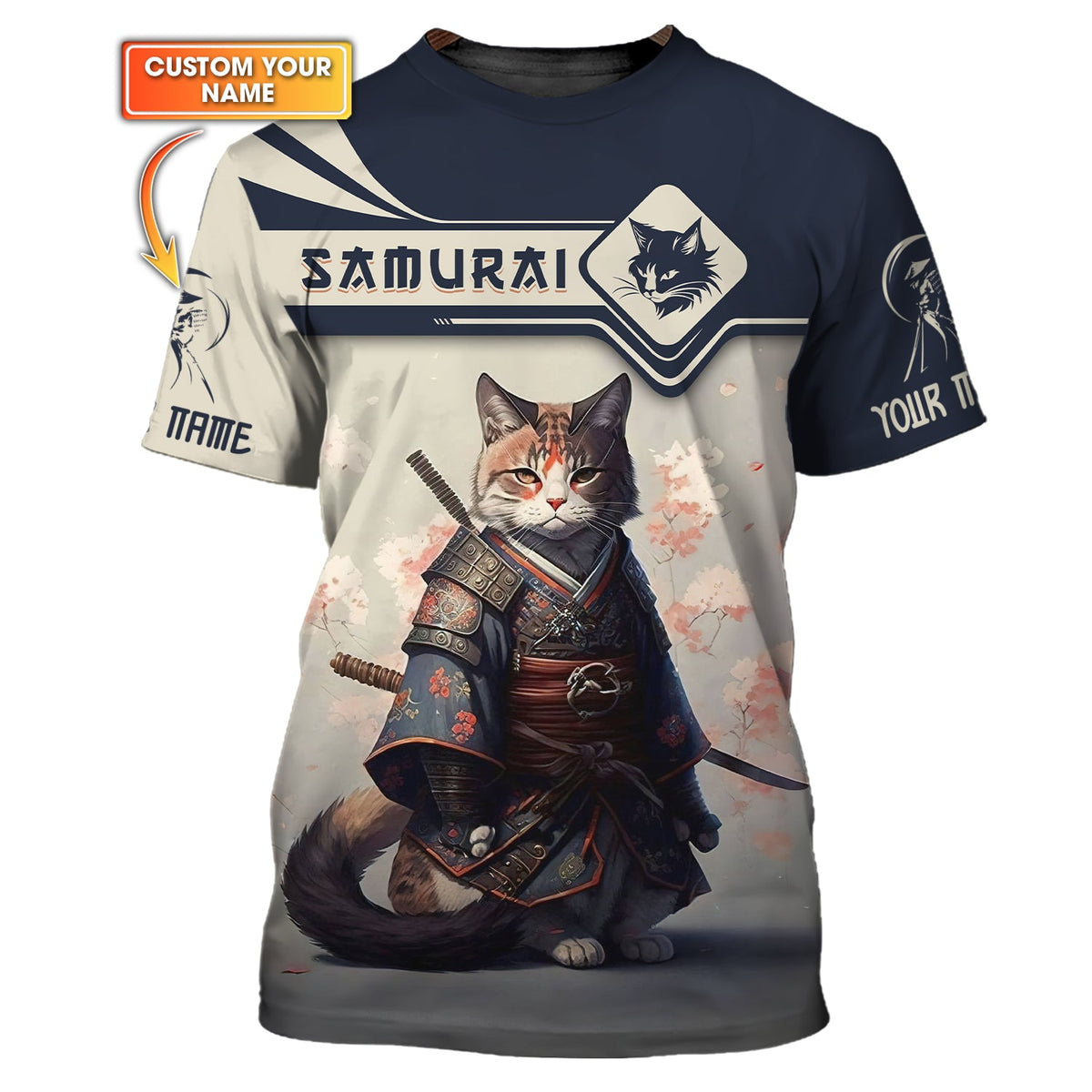 Blisscorners Cat Samurai Custom T- Shirts Cat Samurai With Cherry Blossom 3D Shirt Gift For Samurai Lover