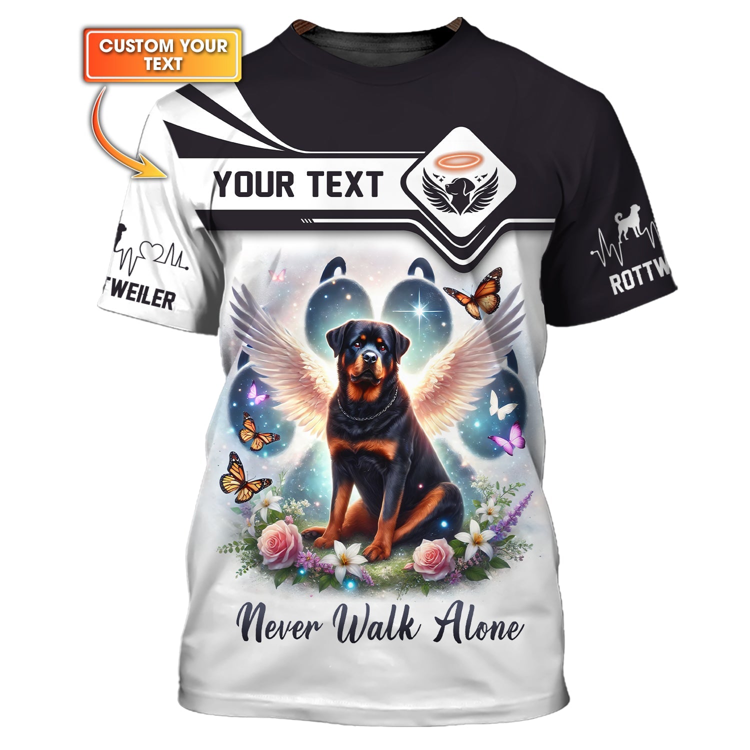Blisscorners 3D Full Print Angel Wings Rottweiler Never Walk Alone T-Shirt Personalized Name Gift For Dog Lovers