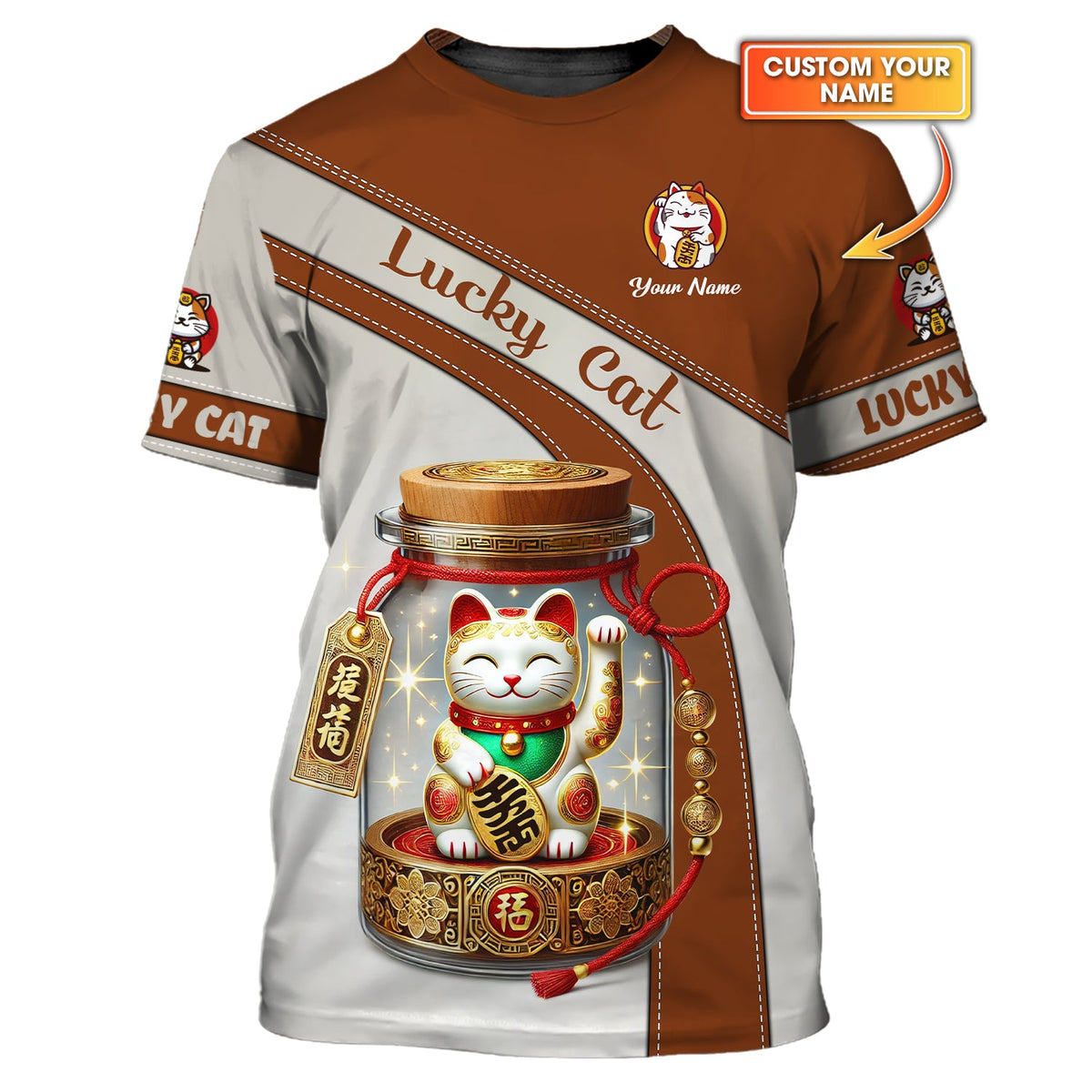 Blisscorners 3D Full Print Lucky Cat T-Shirt Personalized Name Gift For Cat Lovers