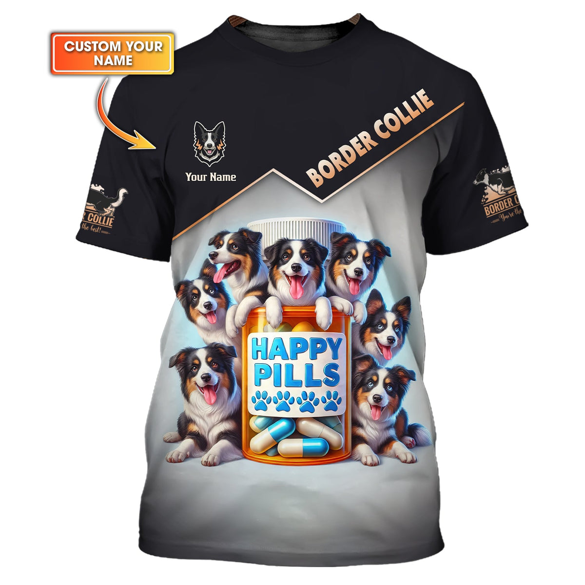 Blisscorners Border Collie Custom Name 3D Shirt Happy Pills Border Collie Gift For Dog Lovers
