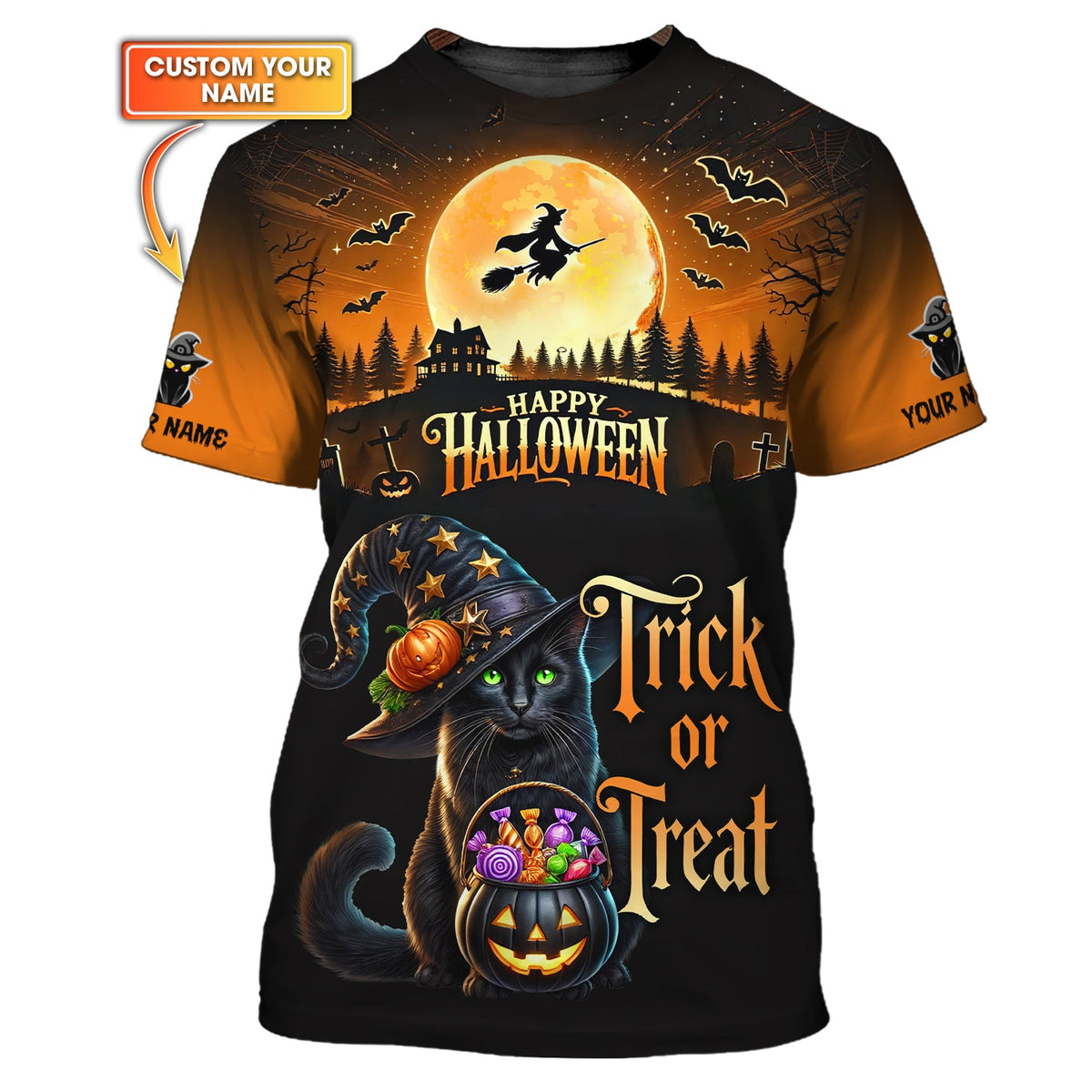 Blisscorners Black Cat Halloween Custom Name 3D Shirt Trick Or Treat Shirts Gift For Halloween Lovers