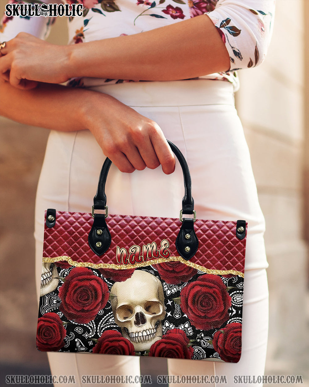 BLISSCORNERS RED ROSE SKULL LEATHER HANDBAG