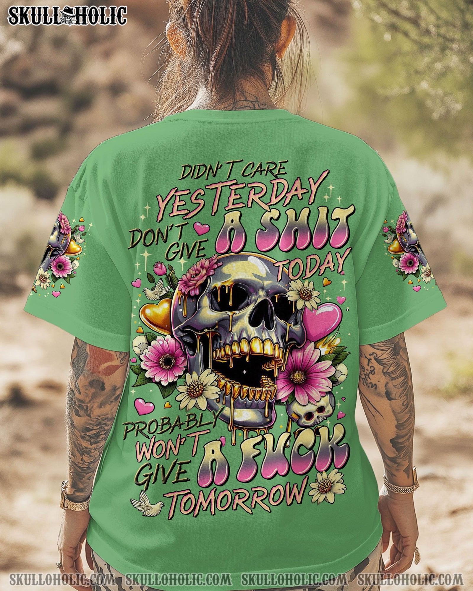 BLISSCORNERS DIDN'T CARE YESTERDAY SKULL FLOWER ALL OVER PRINT
