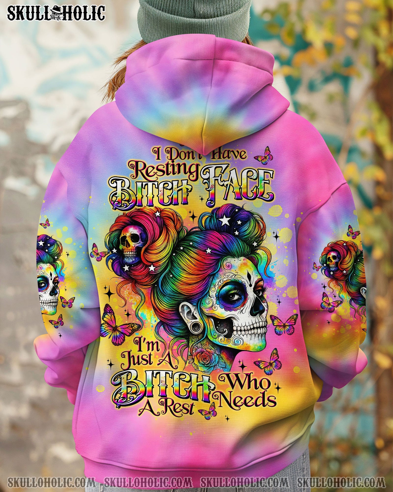 BLISSCORNERS I DON'T HAVE RESTING B FACE SKULL TIE DYE ALL OVER PRINT