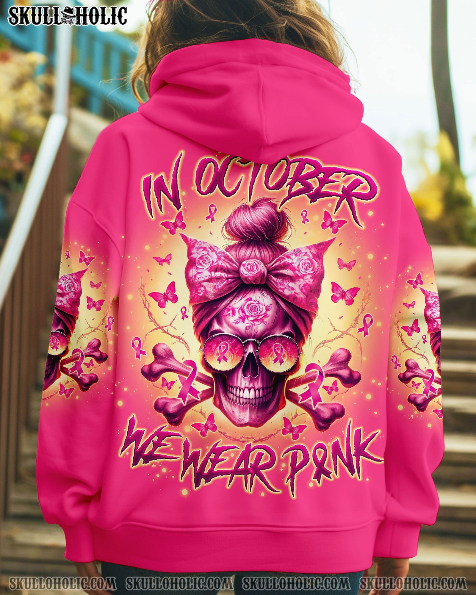BLISSCORNERS FCK CANCER MESSY BUN SKULL TIE DYE BREAST CANCER ALL OVER PRINT