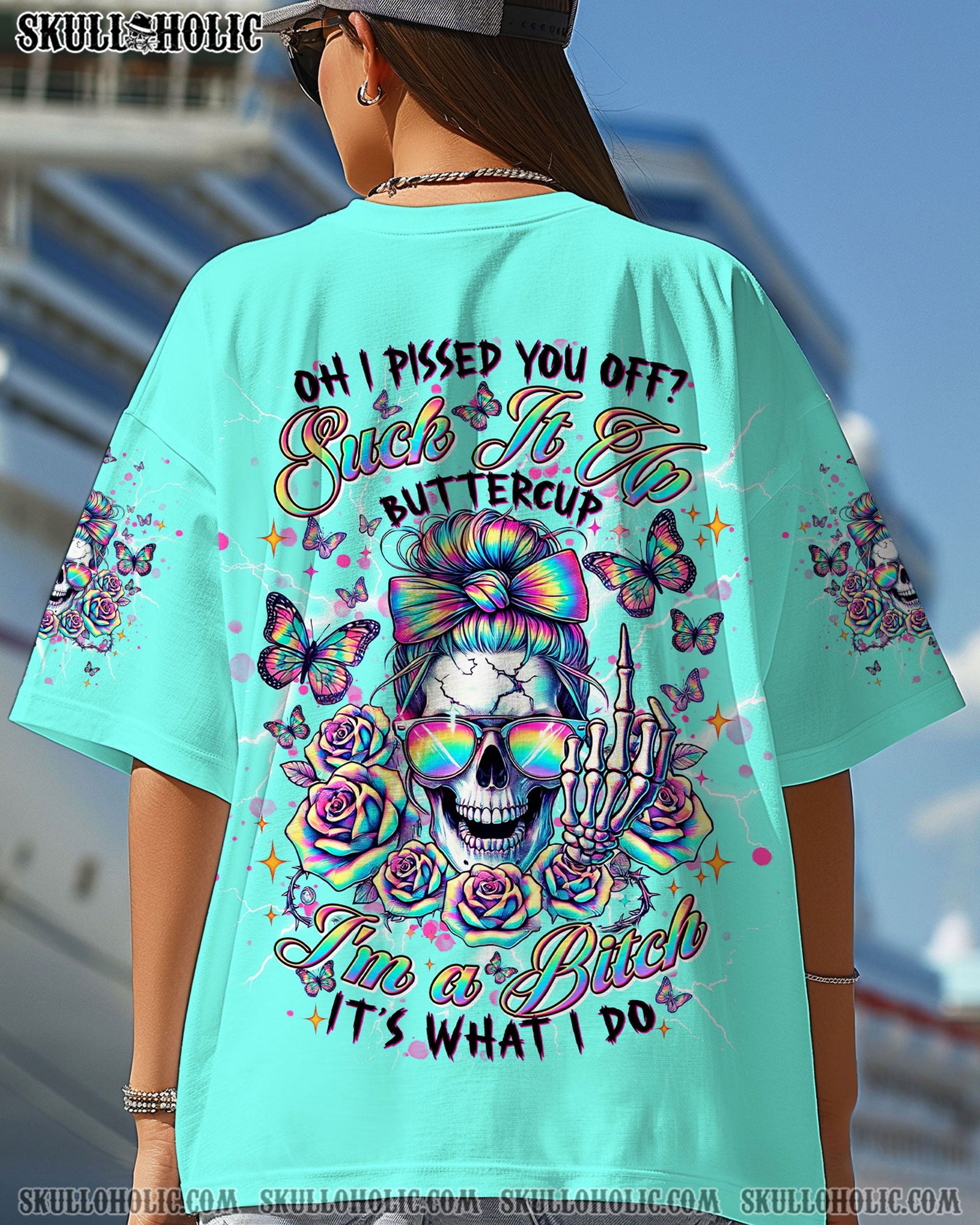 BLISSCORNERS THE GOOD IN ME GOT TIRED MESSY BUN SKULL ALL OVER PRINT