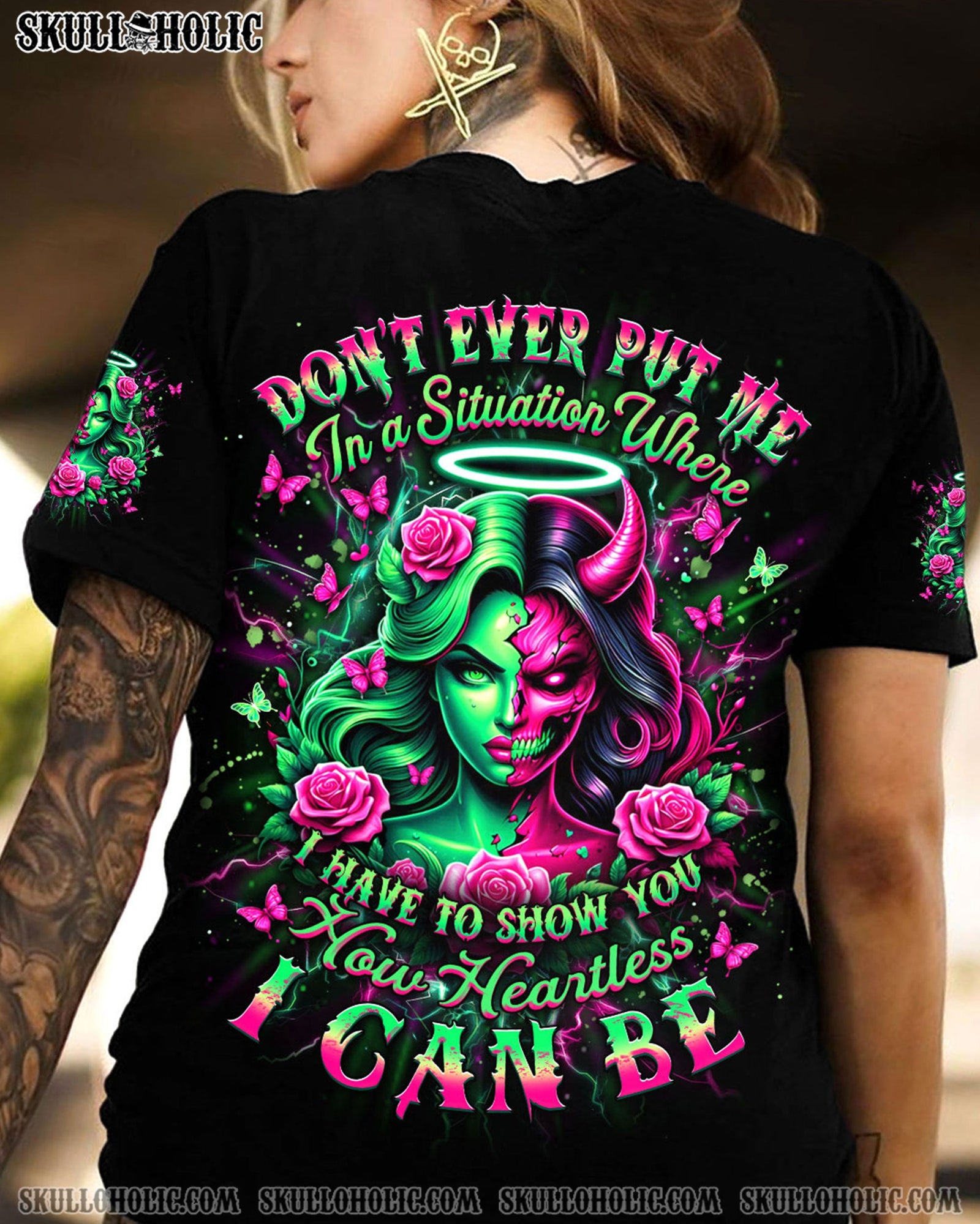 BLISSCORNERS HOW HEARTLESS I CAN BE SKULL LADY ALL OVER PRINT