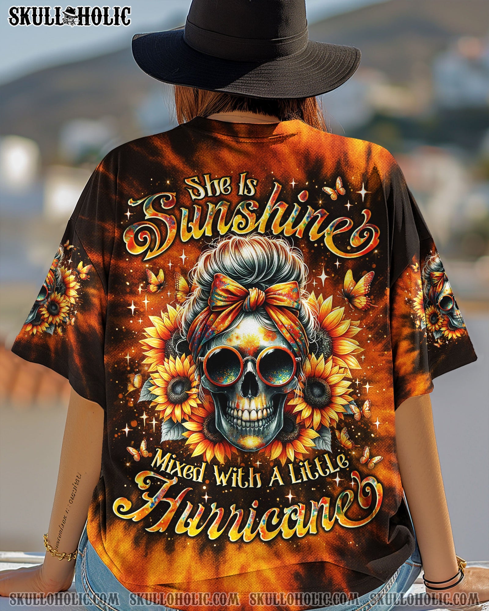 BLISSCORNERS SHE IS SUNSHINE SUNFLOWER MESSY SKULL TIE DYE ALL OVER PRINT