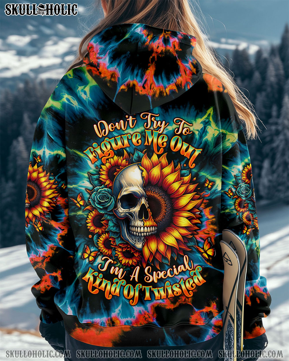 BLISSCORNERS DON'T TRY TO FIGURE ME OUT SKULL SUNFLOWER ALL OVER PRINT