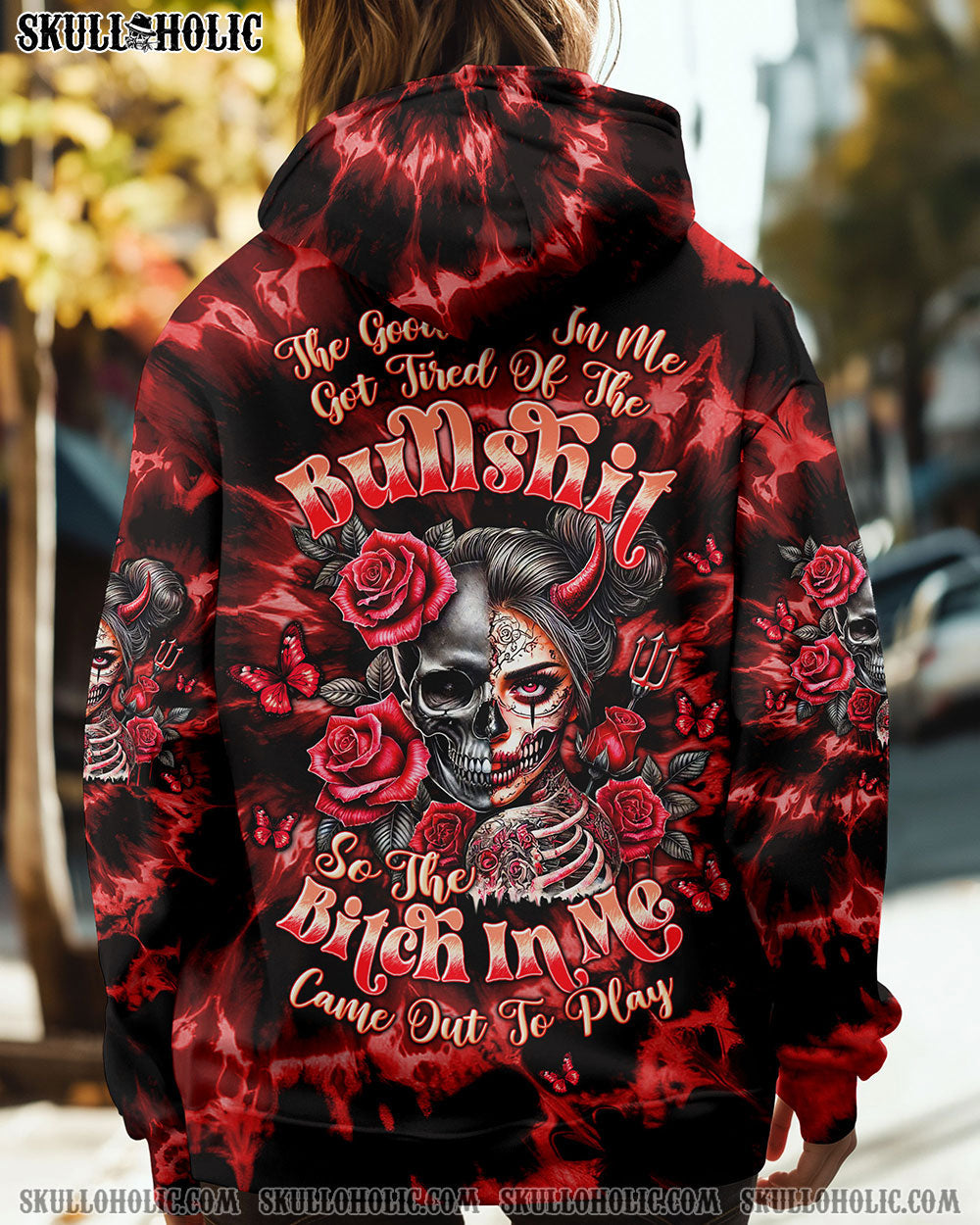 BLISSCORNERS THE GOOD GIRL IN ME HALF SKULL LADY TIE DYE ALL OVER PRINT
